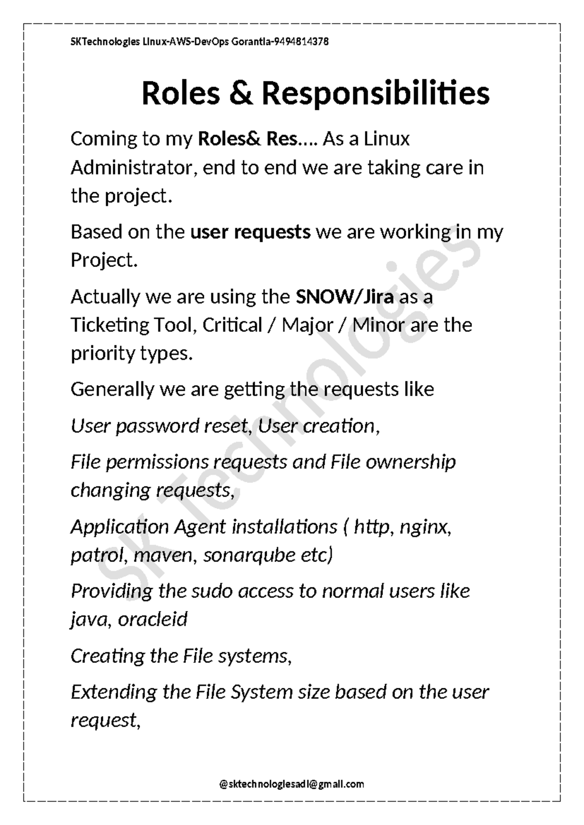SKTechnologies Linux Admin Roles & Responsibilities Overview - Studocu