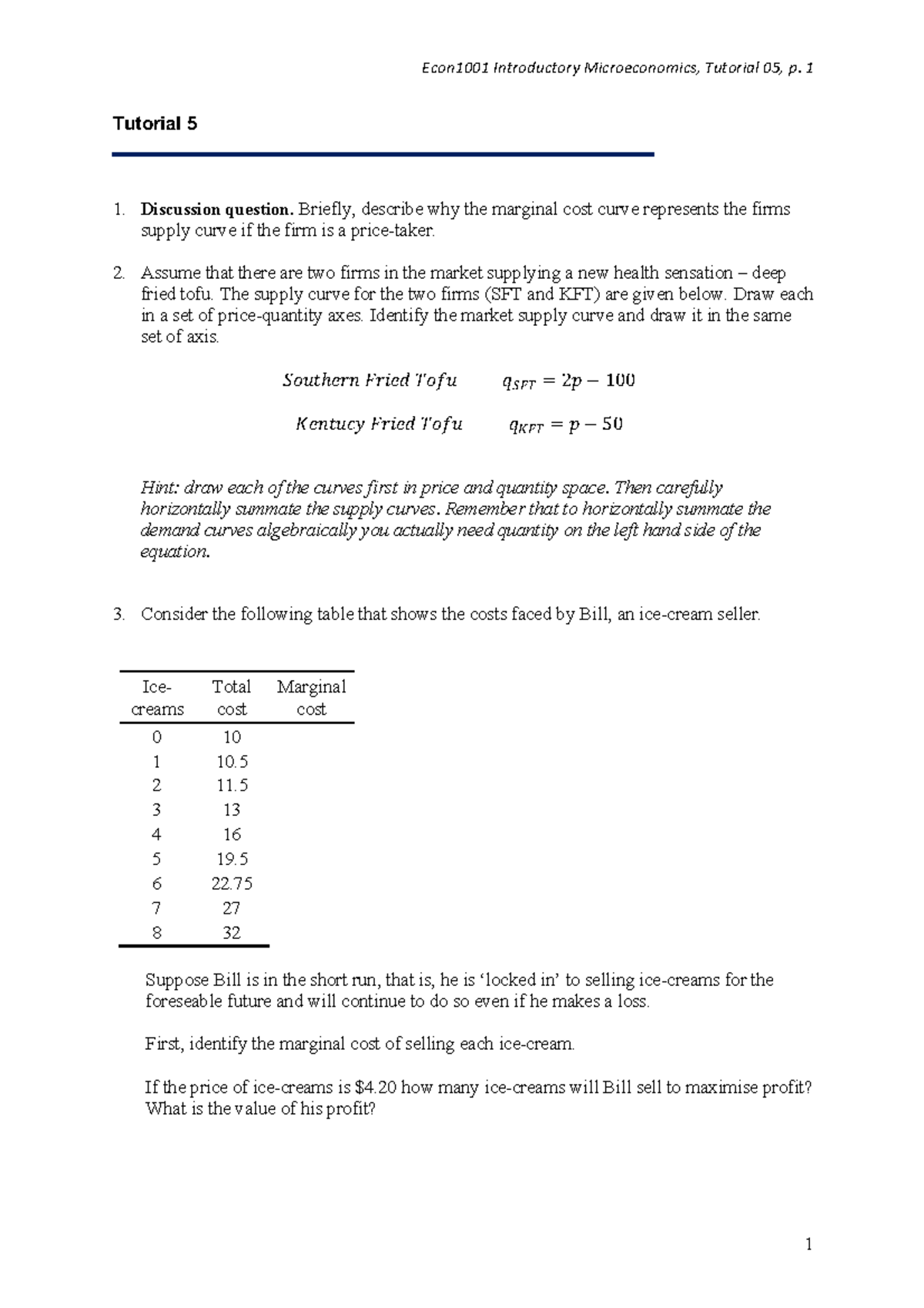 Econ1001 Tutorial 05: Marginal Cost and Supply Curves Analysis - Studocu