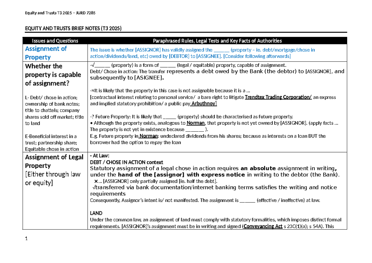 Equity and Trusts T3 2025 JURD 7285 Final Exam Notes on Property ...