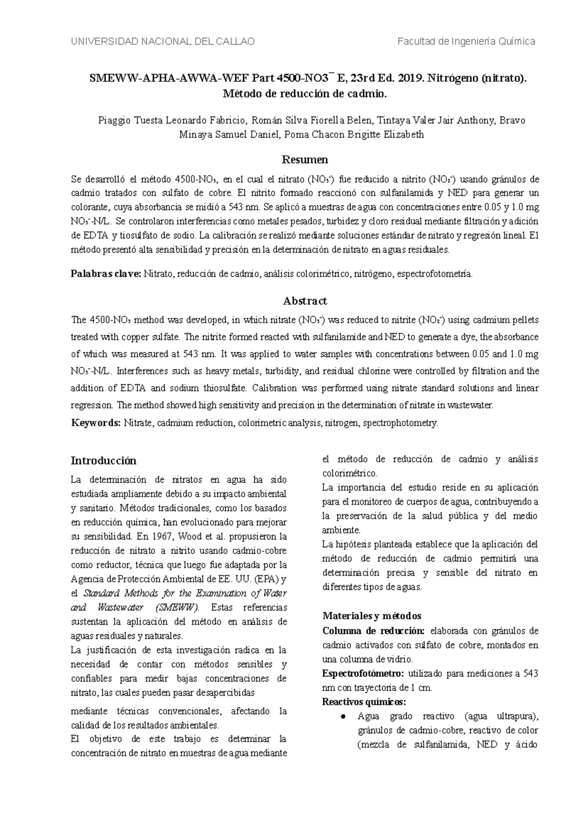 Método de Reducción de Cadmio para Análisis de Nitratos en Agua - SMWW ...