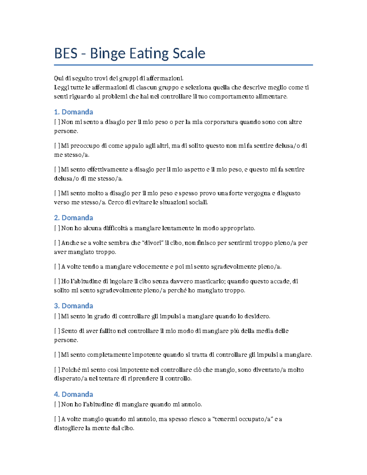 BES Binge Eating Scale - Valutazione dei Disturbi Alimentari - Studocu