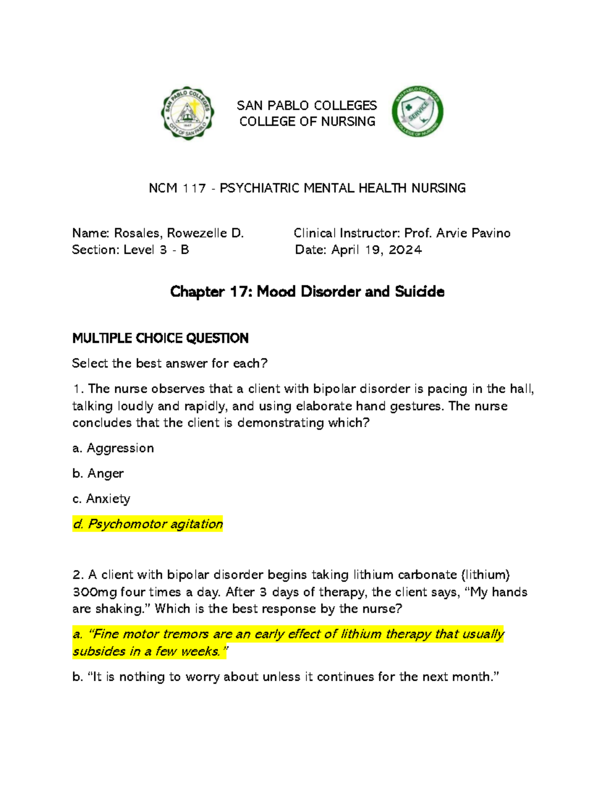 Chapter 17 - PSYCH - SAN PABLO COLLEGES COLLEGE OF NURSING NCM 117 ...