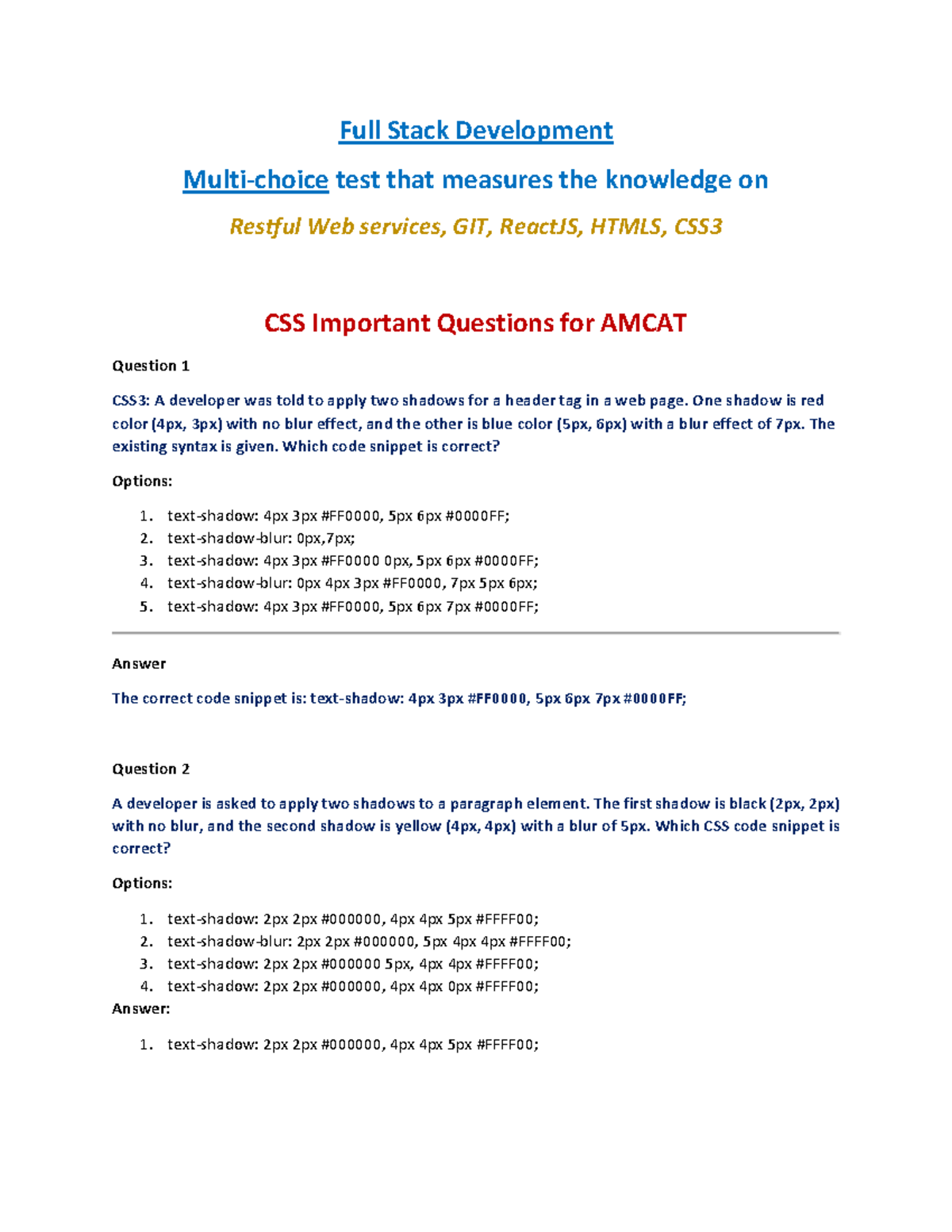 Important Questions for AMCAT - Full Stack Development (Dec 2024) - Studocu