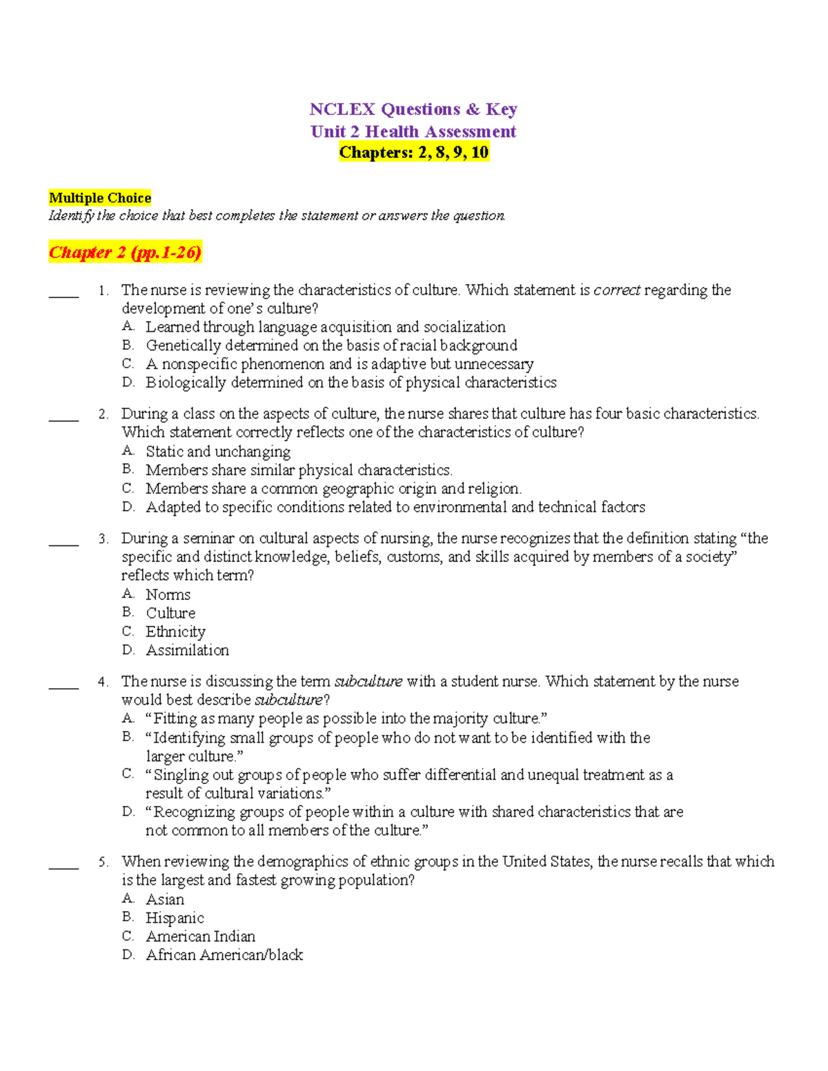 NCLEX 3160 Unit 2: Health Assessment Questions & Key - Document Preview