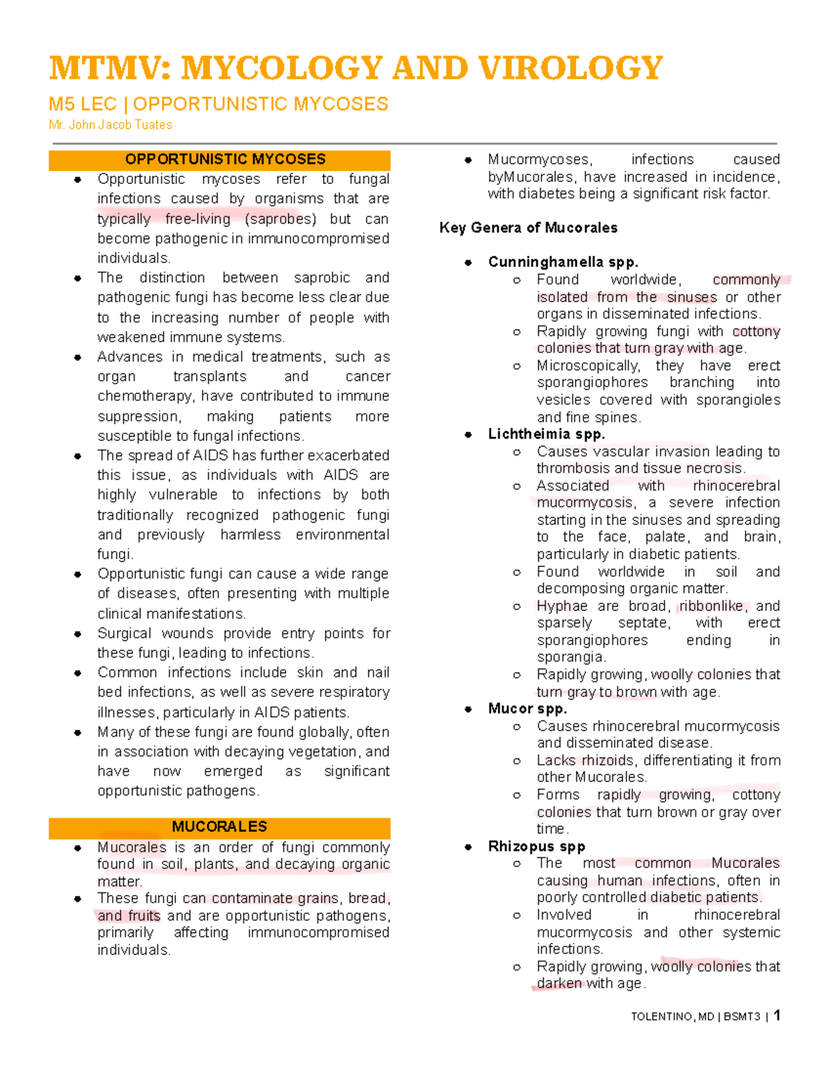 M5 MYCOLOGY & VIROLOGY LECTURE NOTES ON OPPORTUNISTIC MYCOSES - Studocu