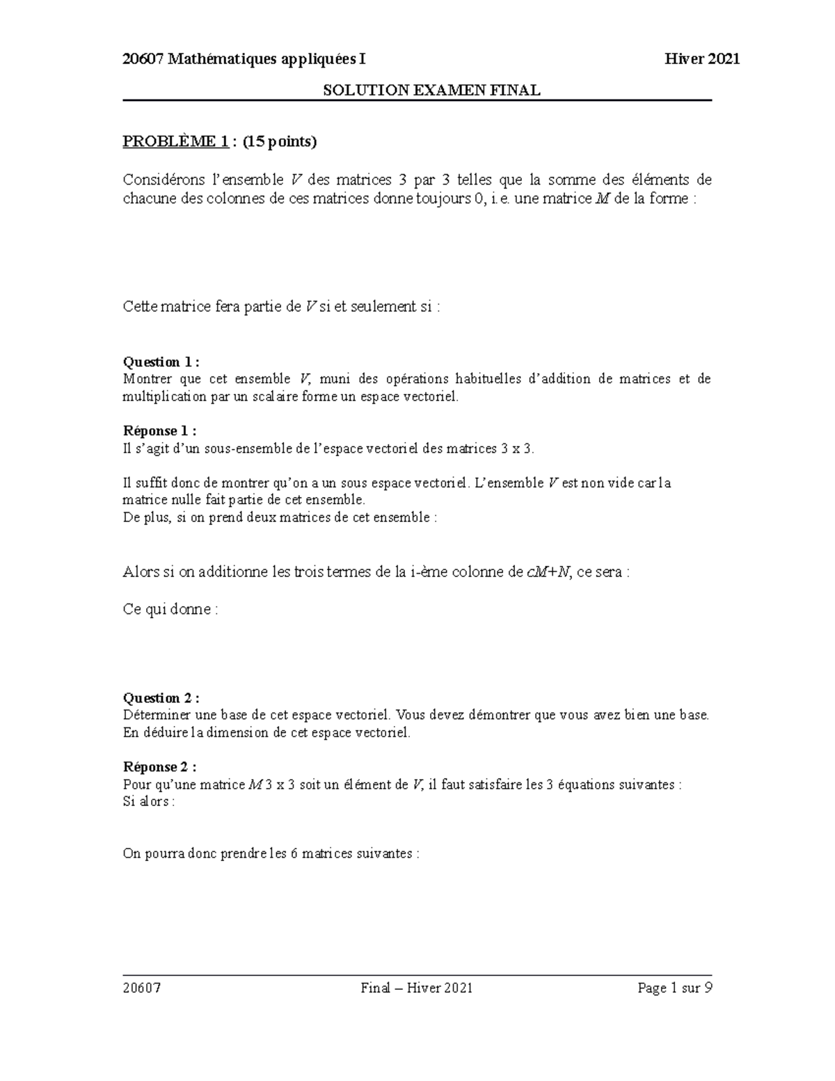 SOLUTION EXAMEN FINAL 20607 EF: Espace Vectoriel et Matrices 3x3 - Document Preview
