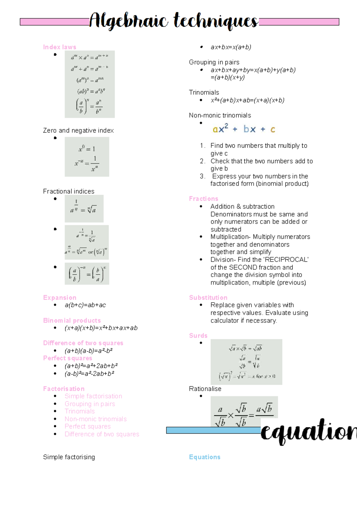 Math Notes: Index Laws, Factorization, and Trigonometry Concepts - Studocu