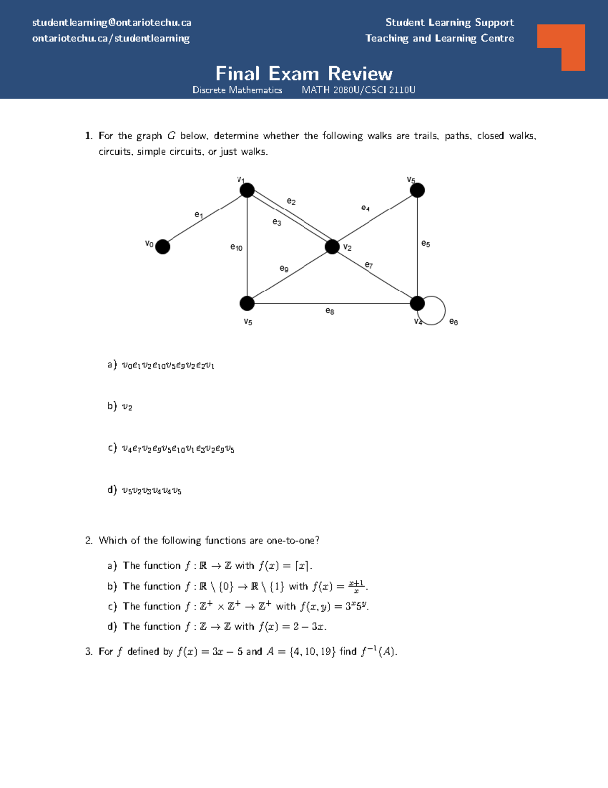 Final Exam Review MATH 2110U: Discrete Mathematics Concepts - Studocu