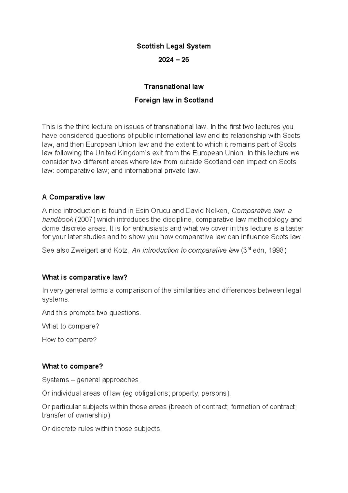 Scottish Legal System 2024-25: Transnational Law Lecture 3 Notes - Studocu