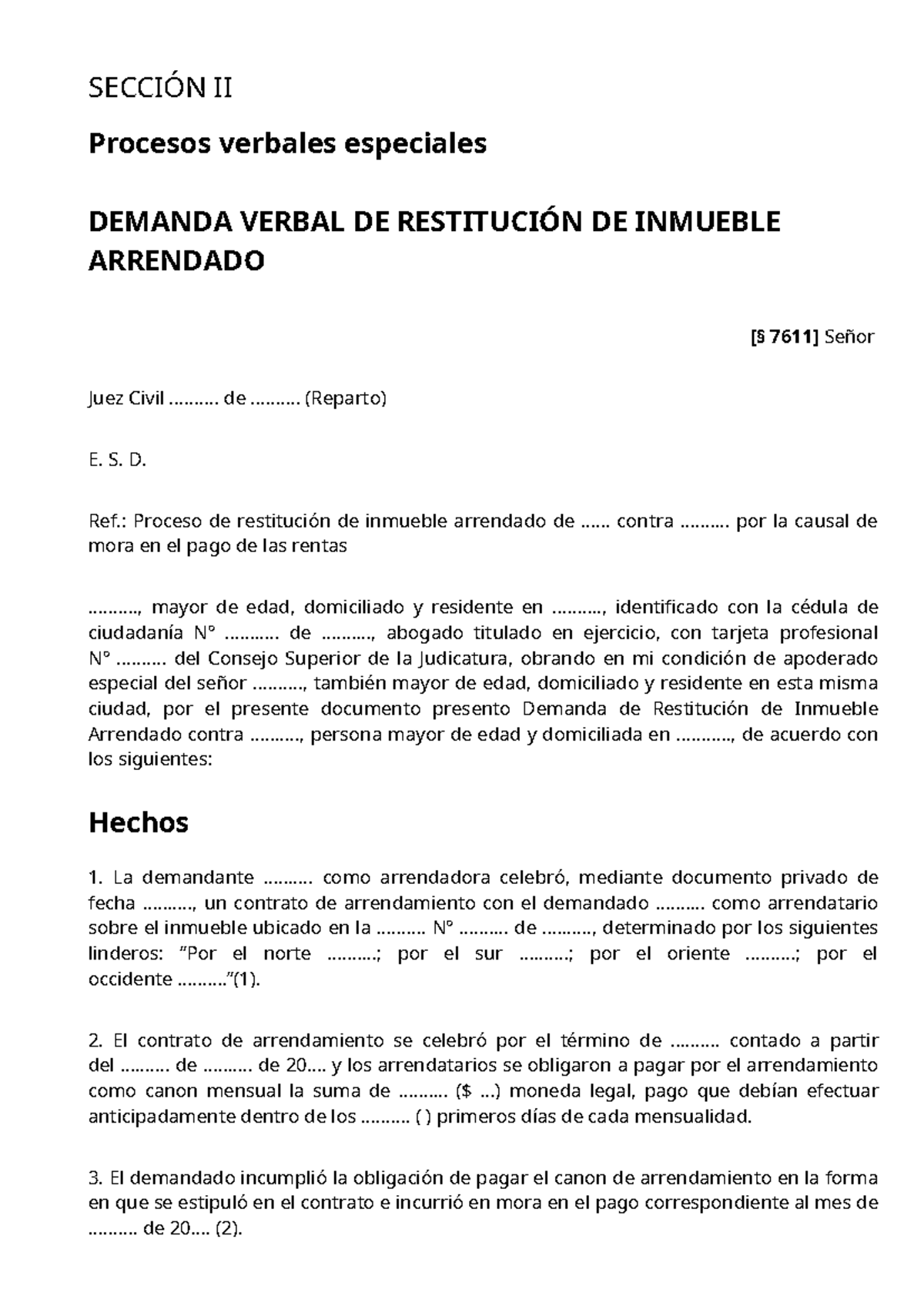 Demanda Verbal de Restitución de Inmueble Arrendado - Proceso Especial ...