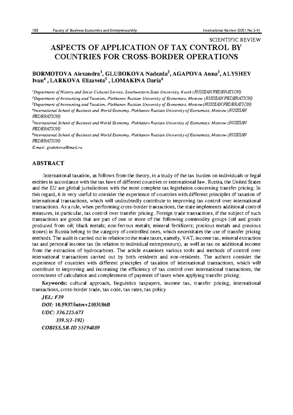 Tax Control in International Transactions: A Comparative Study of ...