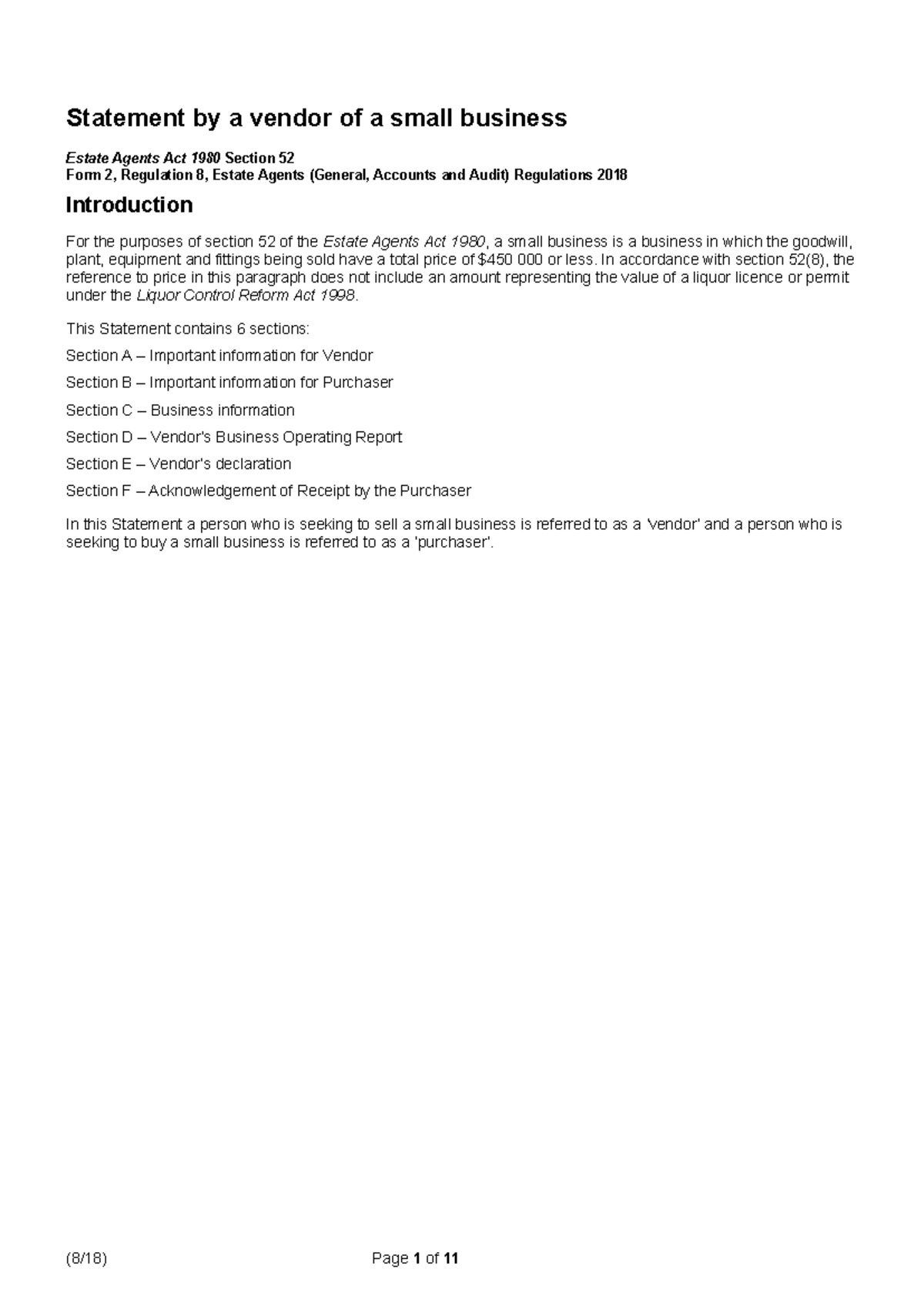 Statement by a vendor of a small business - In accordance with section ...