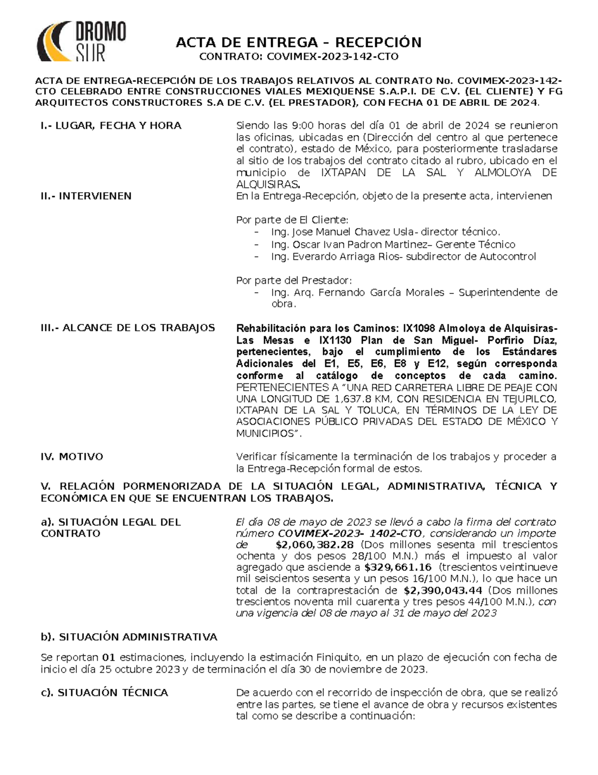 Acta de Entrega Recepción Contrato No. 2023-142 - Rehabilitación
