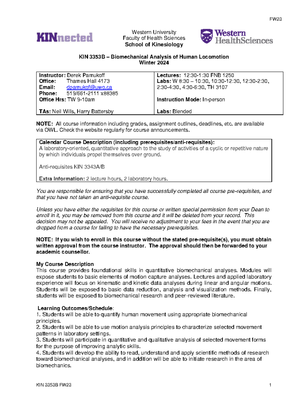 KIN 3353 Syllabus - Biomechanical Analysis of Human Locomotion Winter ...