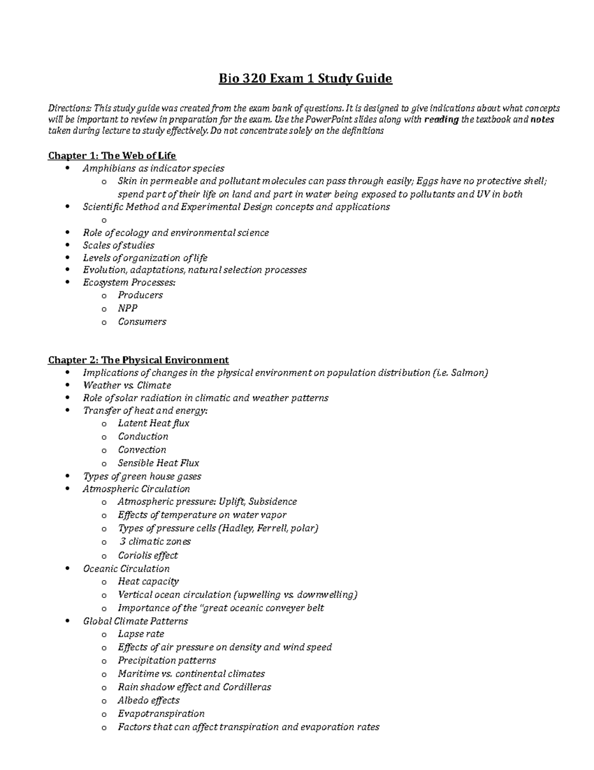 Bio 320 Exam 1 Study Guide: Key Concepts and Review Topics - Studocu