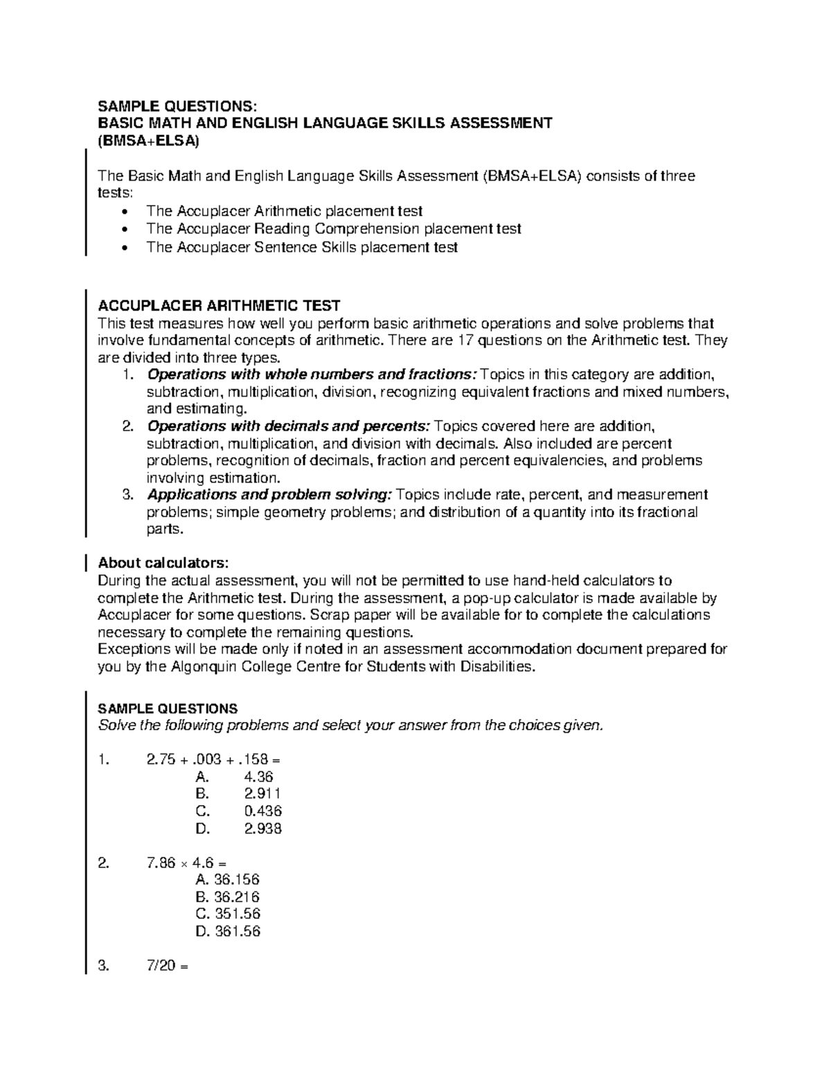 BMSA-ELSA-Sample-Questions- Final - Copy - SAMPLE QUESTIONS: BASIC MATH ...
