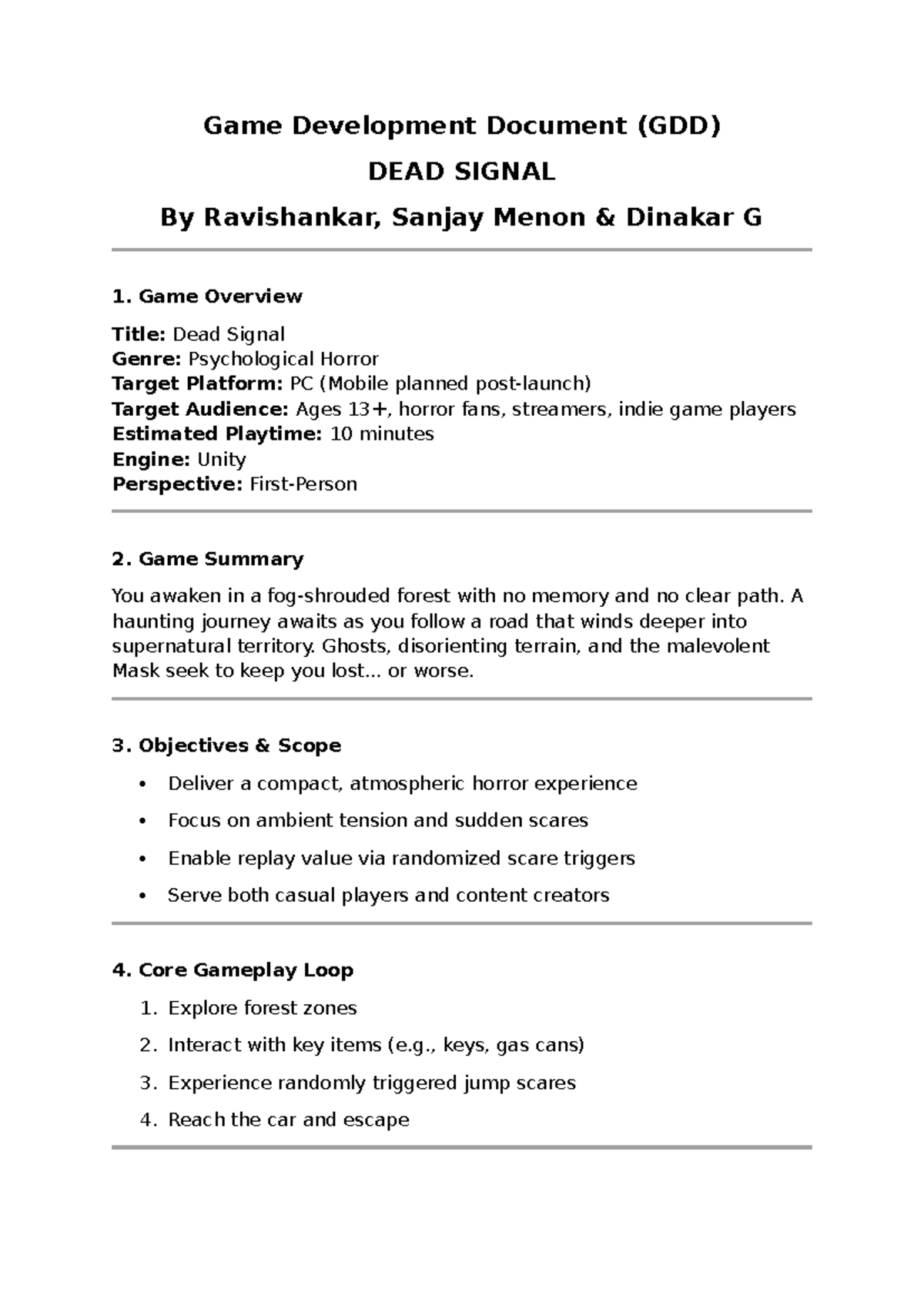 Game Development Document (GDD) for Dead Signal: A Horror Experience ...