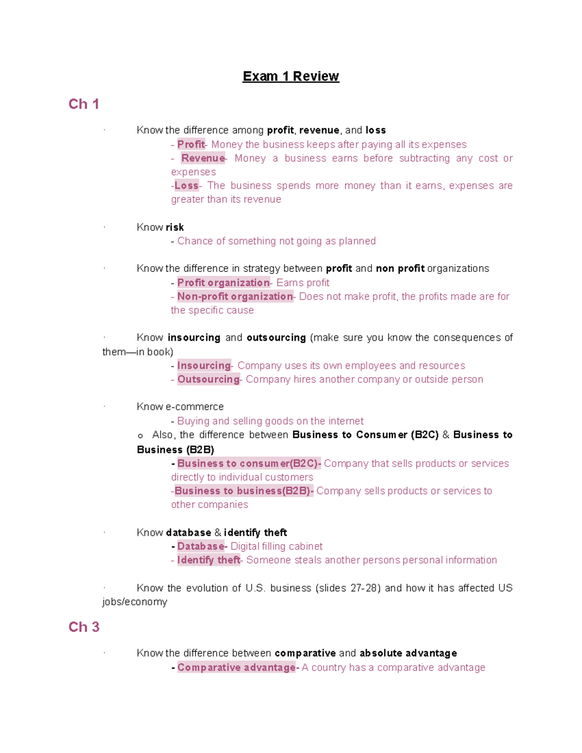 Business Exam 1 Review: Key Concepts & Definitions (Ch 1-3) - Studocu