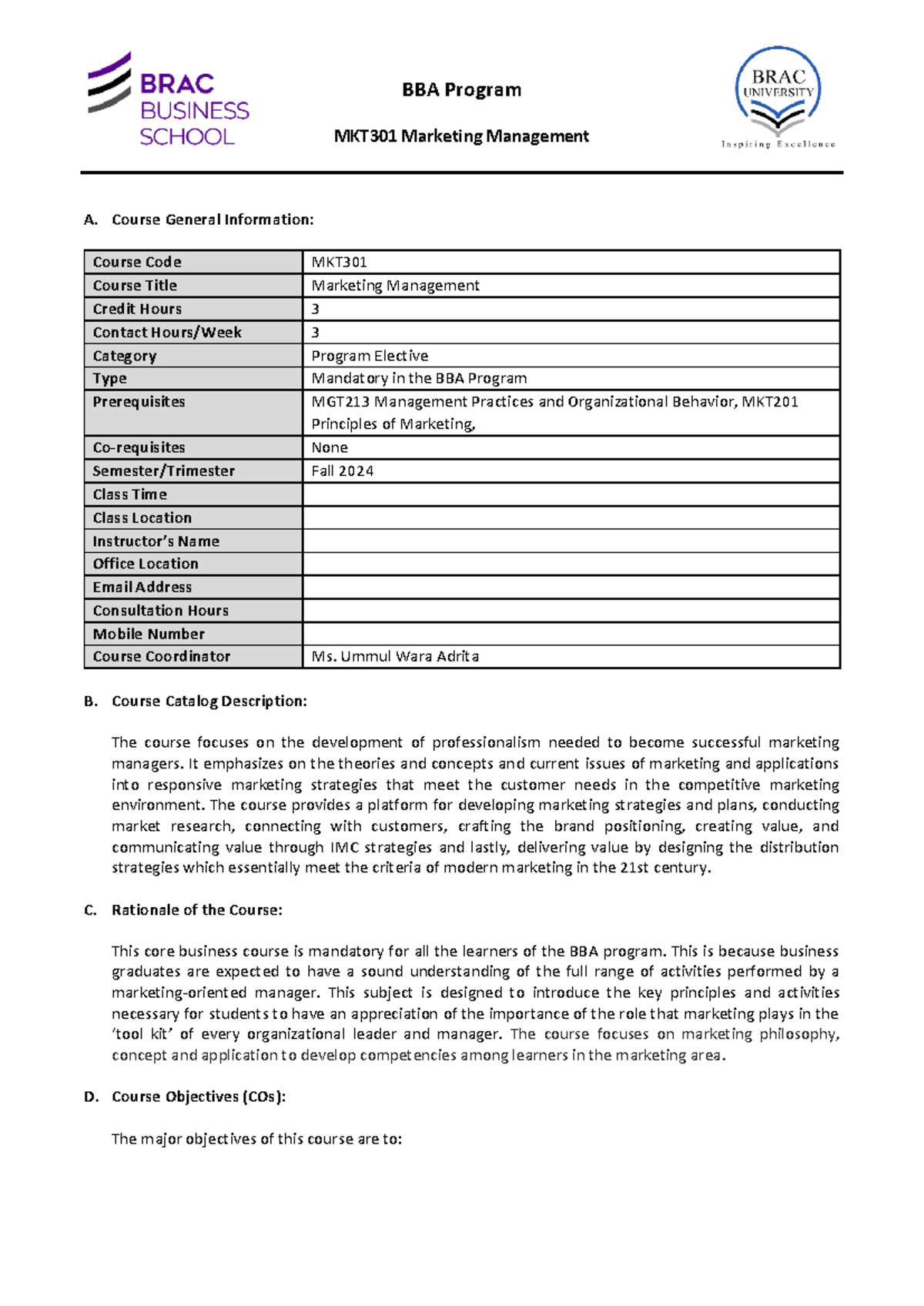Course Outline MKT301 - BBA Program MKT301 Marketing Management A ...