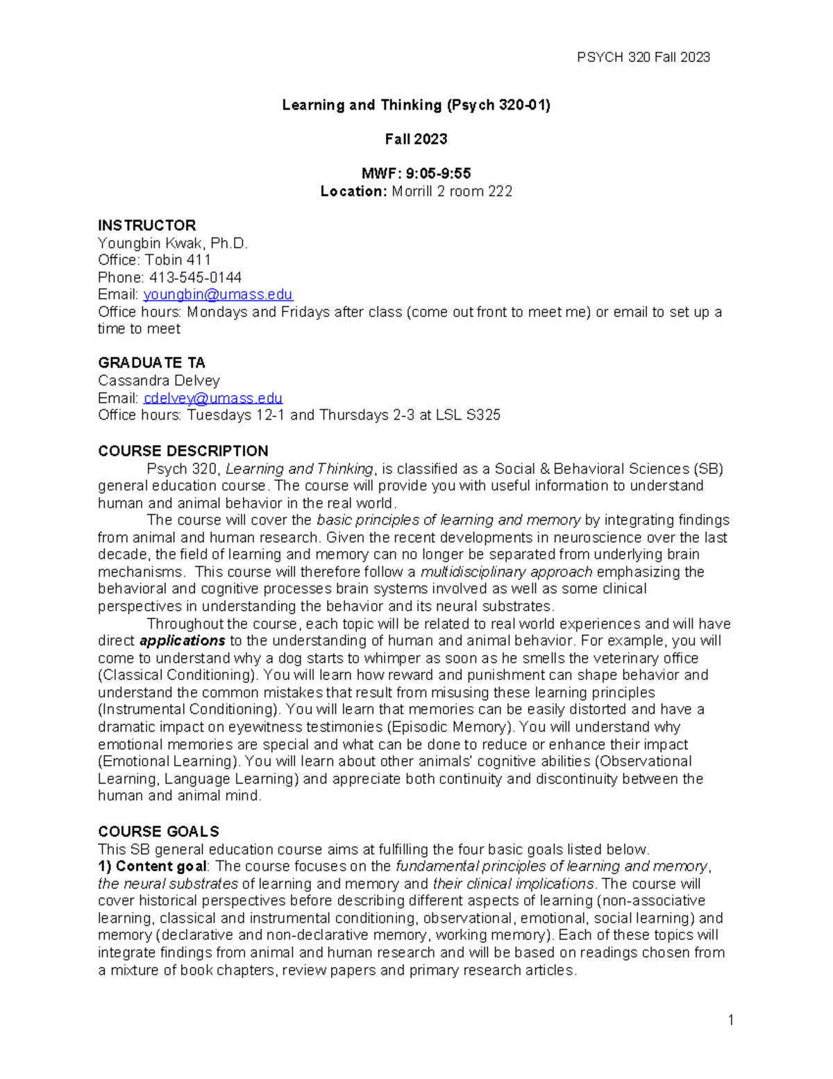 PSYCH 320 Fall 2023 Syllabus: Learning and Thinking Overview - Studocu