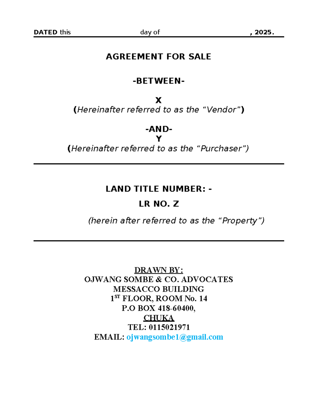 Sample Sale Agreement - LR NO. Z - Ojwang Sombe Advocates - Studocu