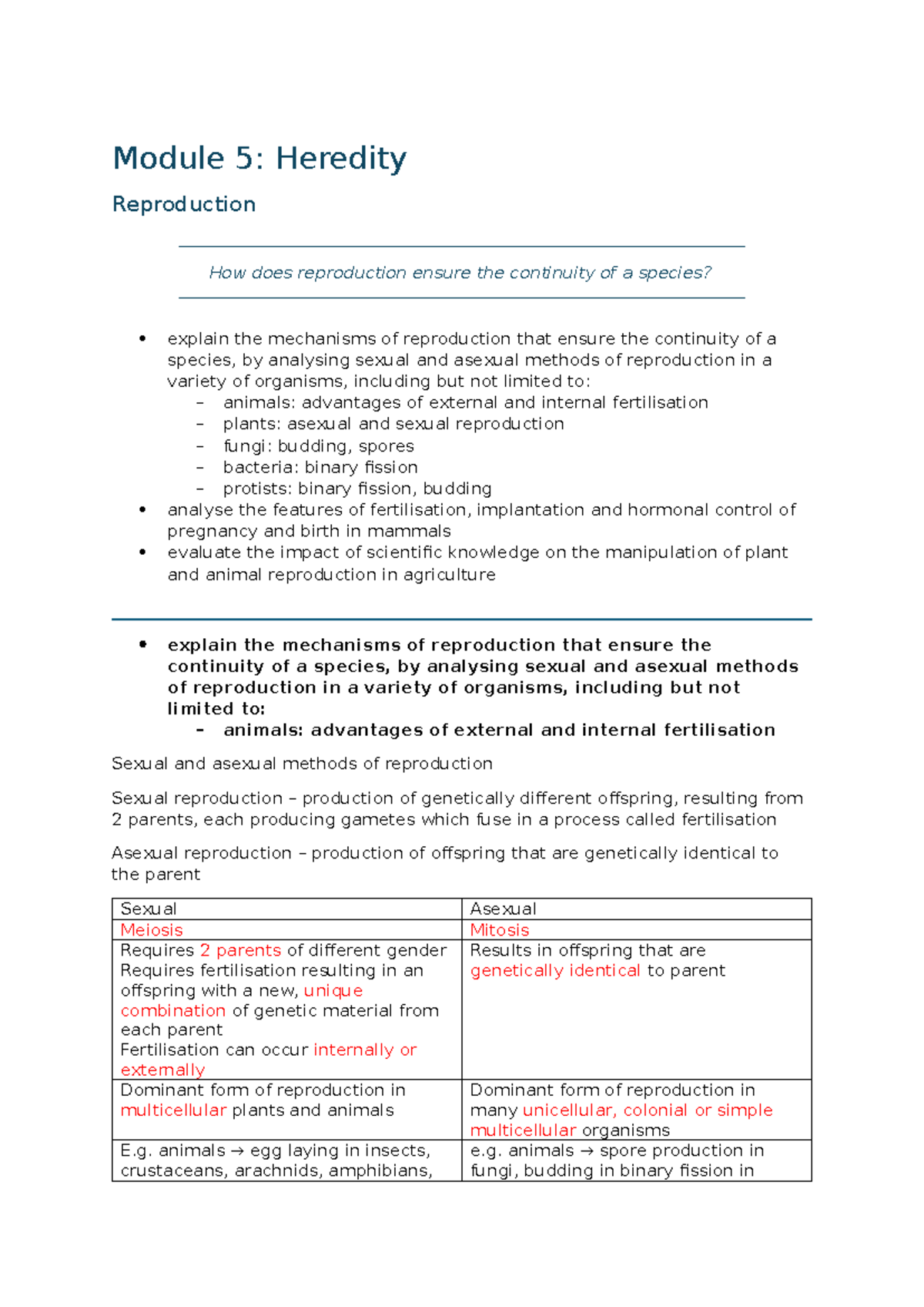 Module 5: Biology Notes on Reproduction Mechanisms and Continuity - Studocu