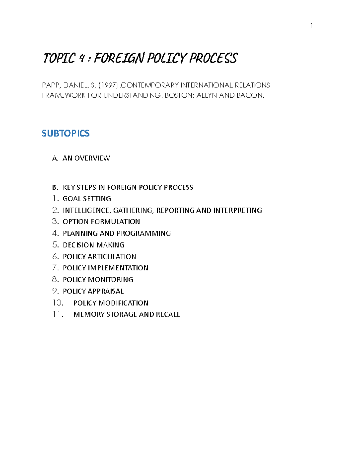 FOREIGN POLICY PROCESS - TO 4 : FON POY POS PAPP, DANIEL. S. (1997 ...