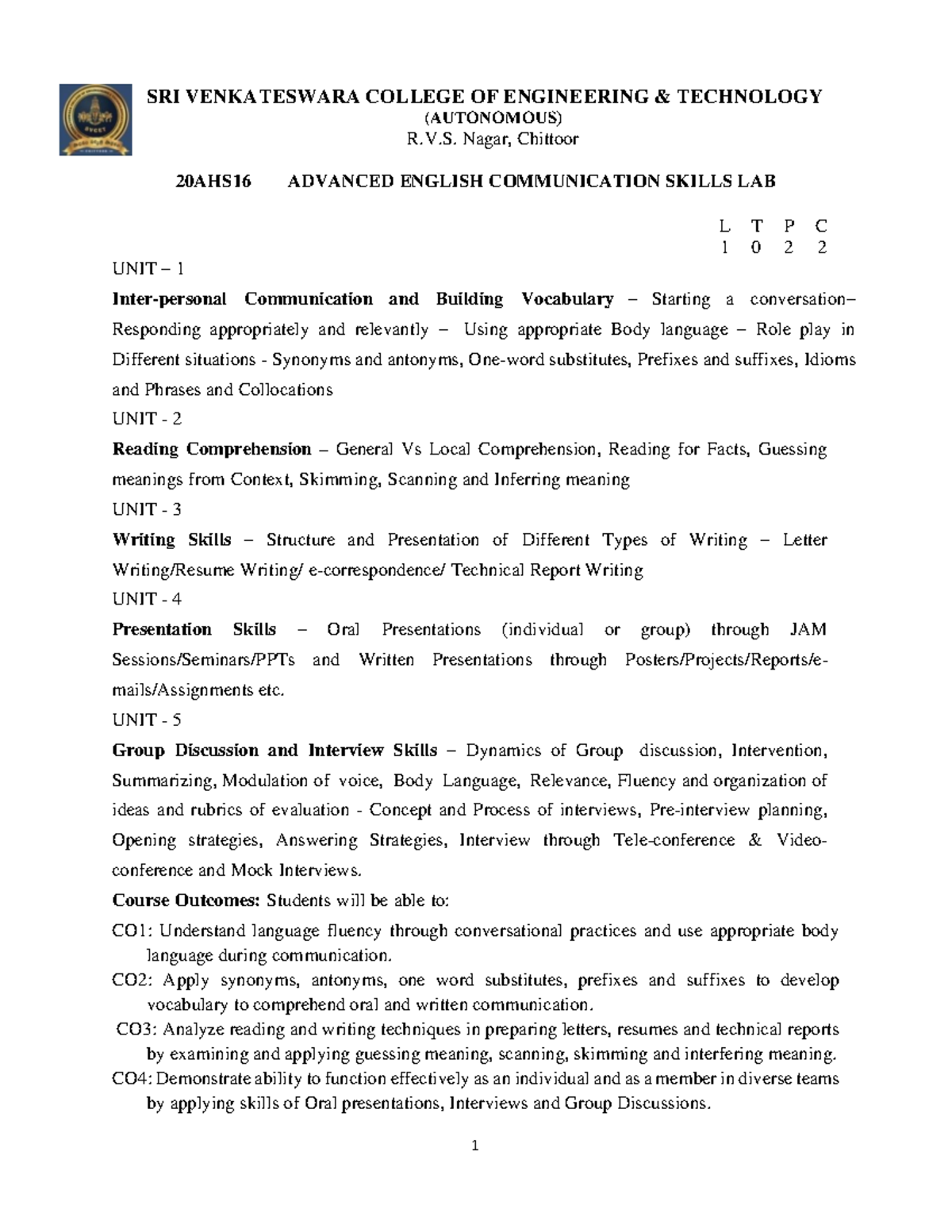 AECS LAB Manual (20AHS16): Advanced English Communication Skills - Studocu
