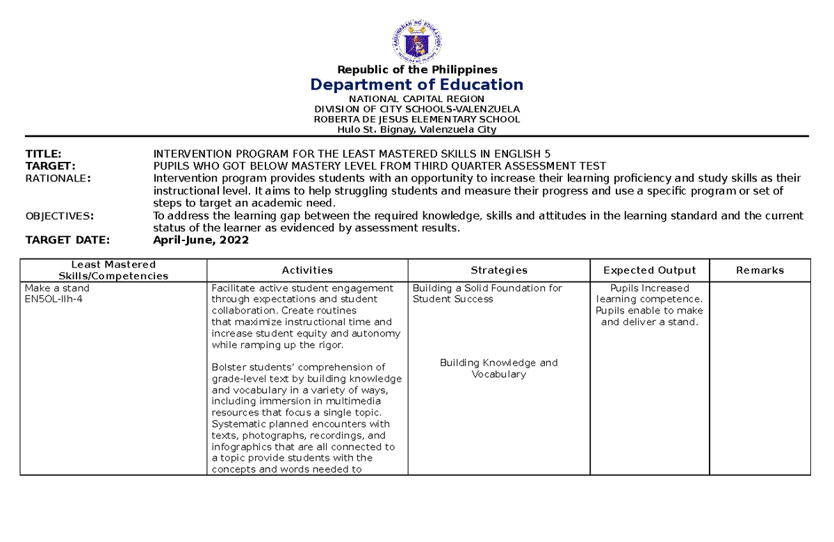 Intervention Program Proposal ENGLISH 3RD: Addressing Mastery Skills ...