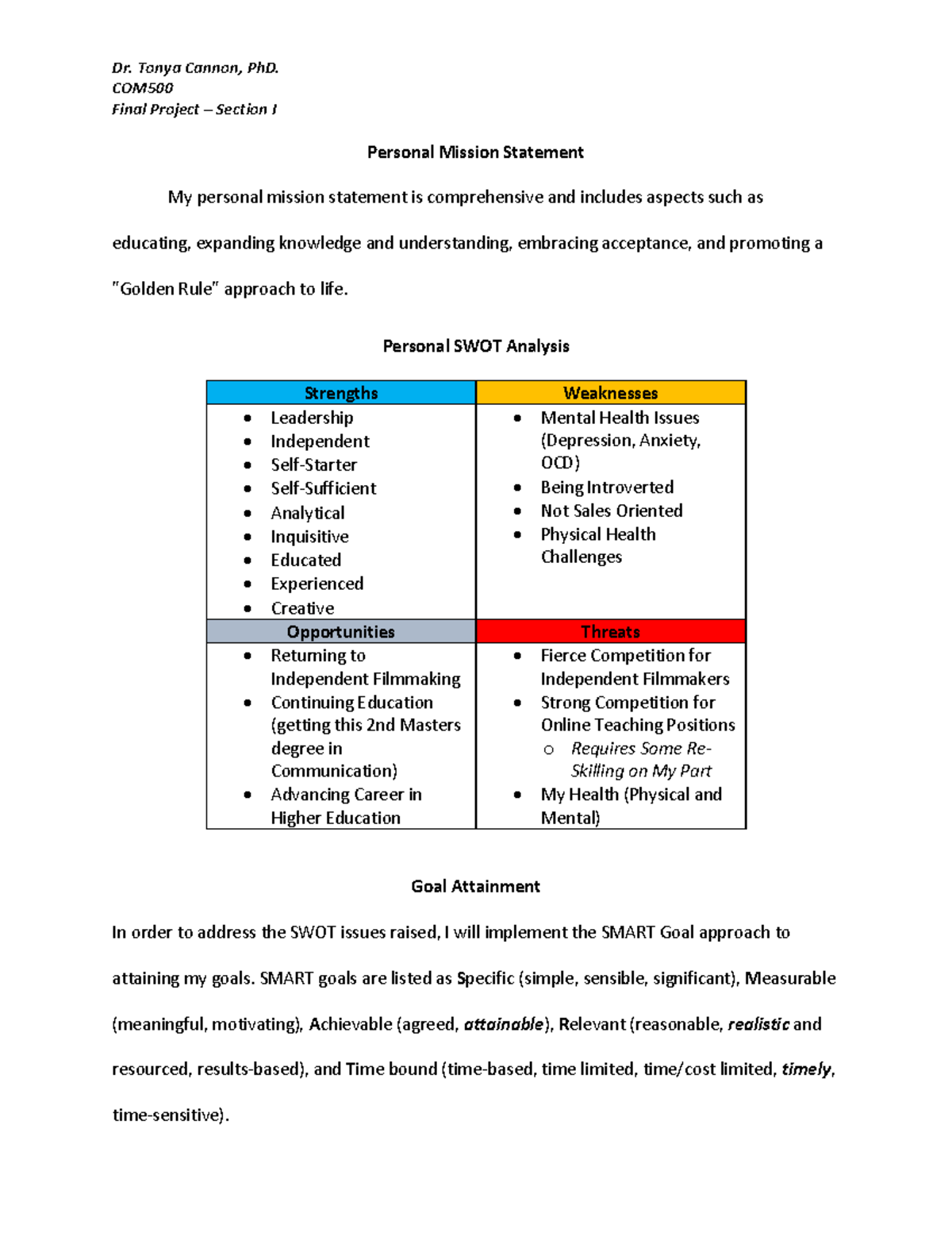 COM500 Final Project: Personal Mission Statement & SWOT Analysis - Studocu