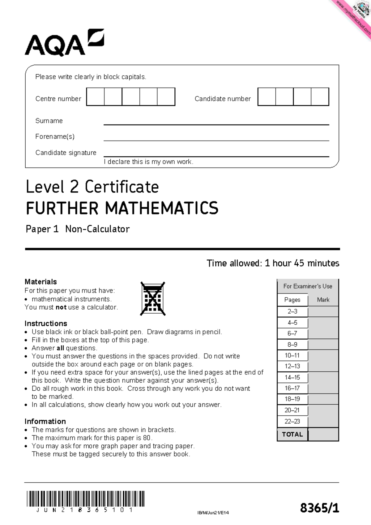AQA Level 2 Further Mathematics Nov 2021 Paper 1 Exam Questions - Studocu