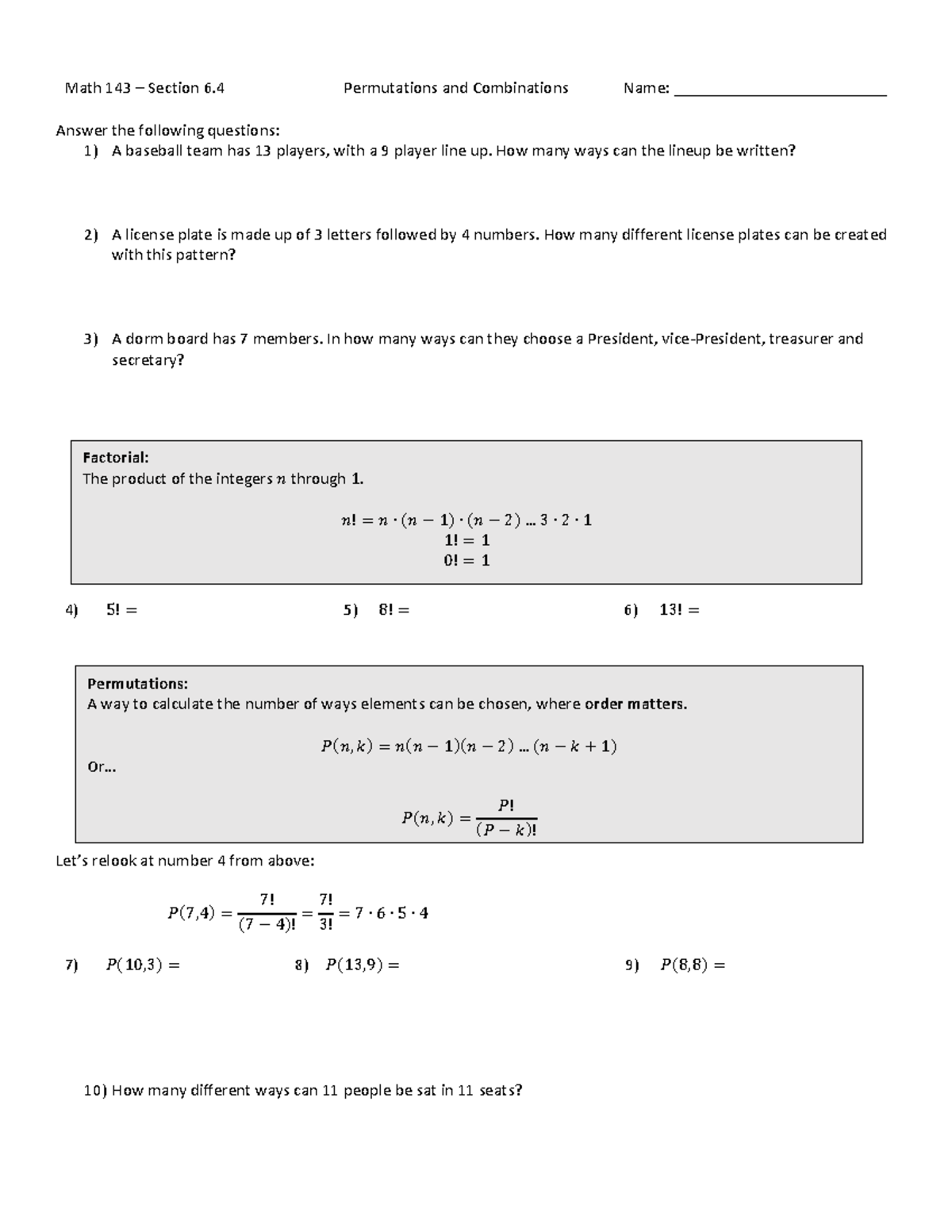 Math 143 Final Exam: Section 6.4 Permutations & Combinations - Studocu