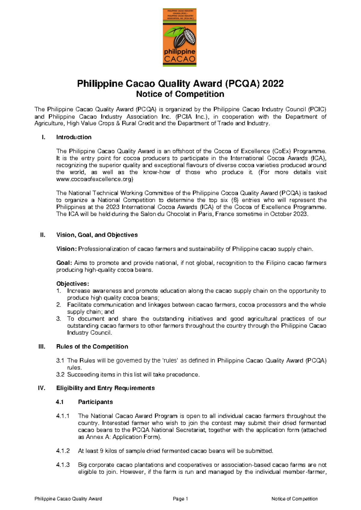 Philippine Cacao Quality Award (PCQA) 2022 Competition Guidelines - Studocu