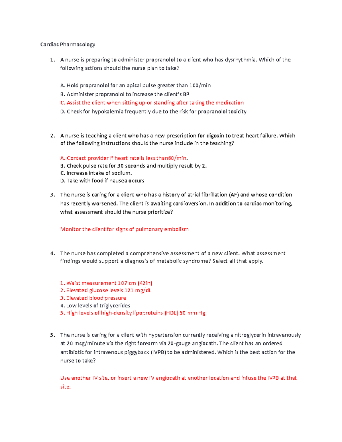Cardiac Pharmacology: Cumulative Practice Questions for Nursing Course ...