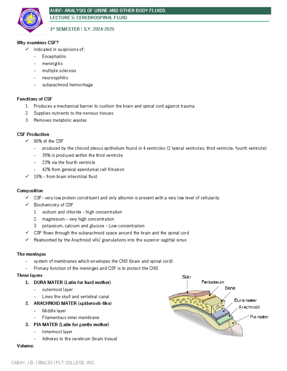 Lecture 5 Cerebrospinal Fluid - AUBF: ANALYSIS OF URINE AND OTHER BODY ...