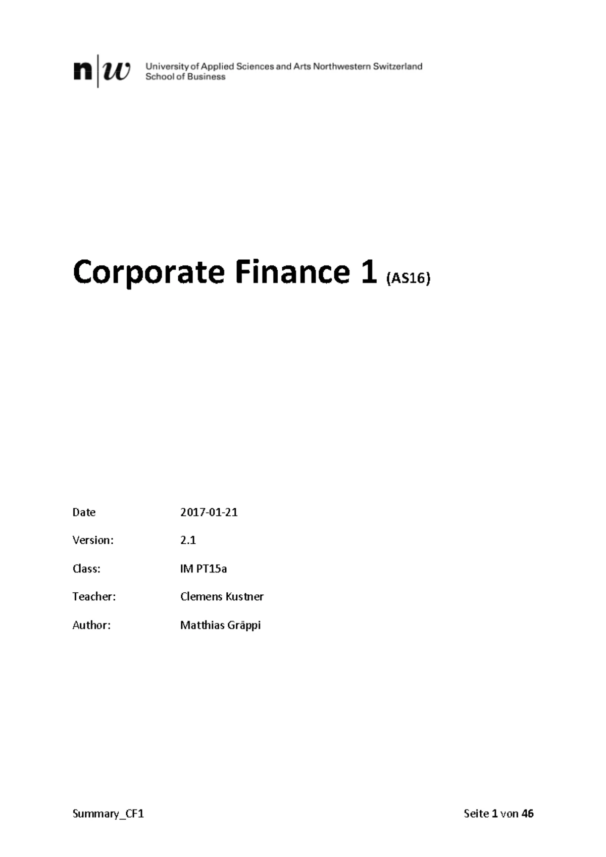 Corp. Fin. HS22 Probeprüfung Lösungen-L - 1 Name, Vorname ...