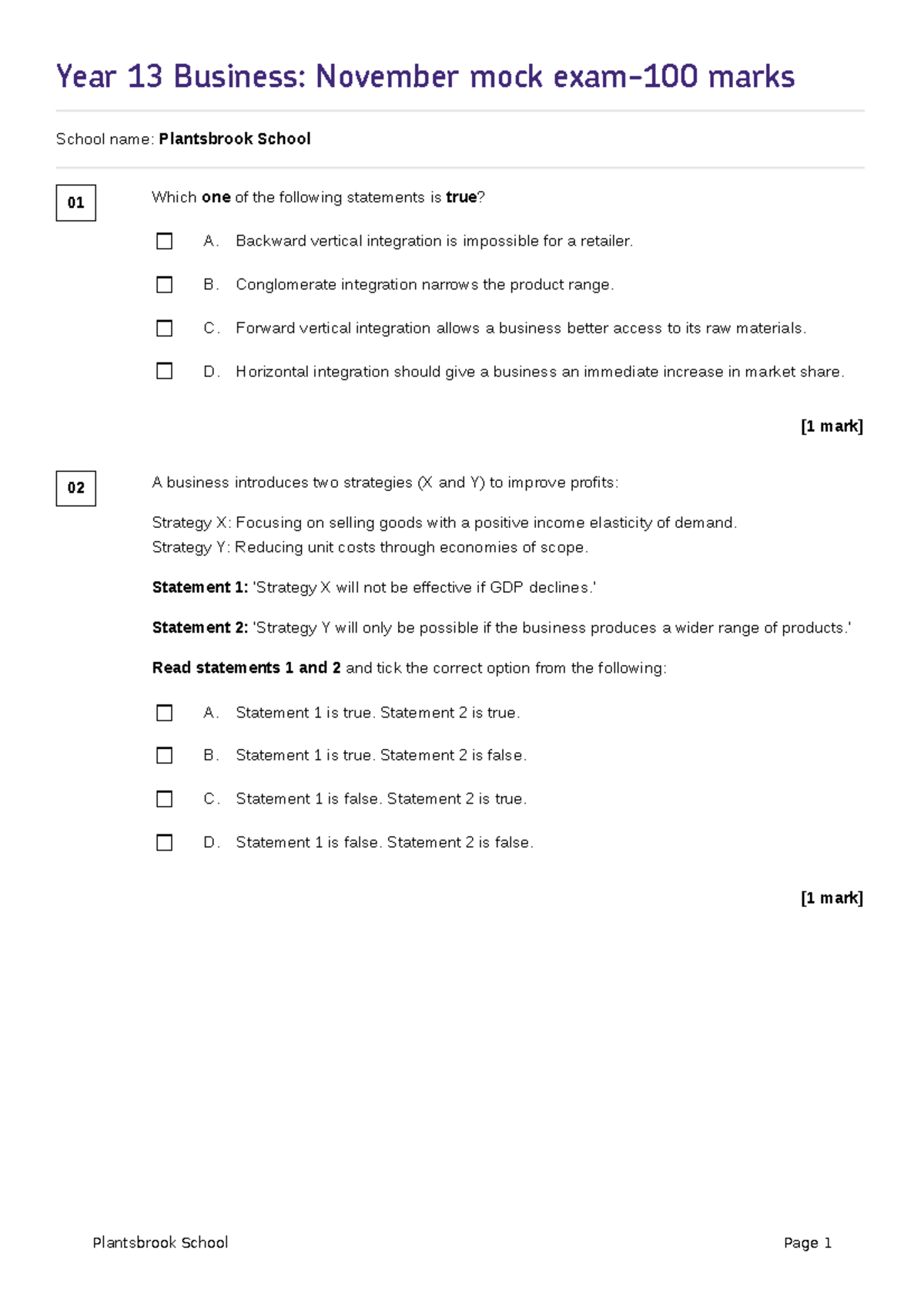 Year 13 Business November Mock Exam - 100 Marks Questions & Answers ...
