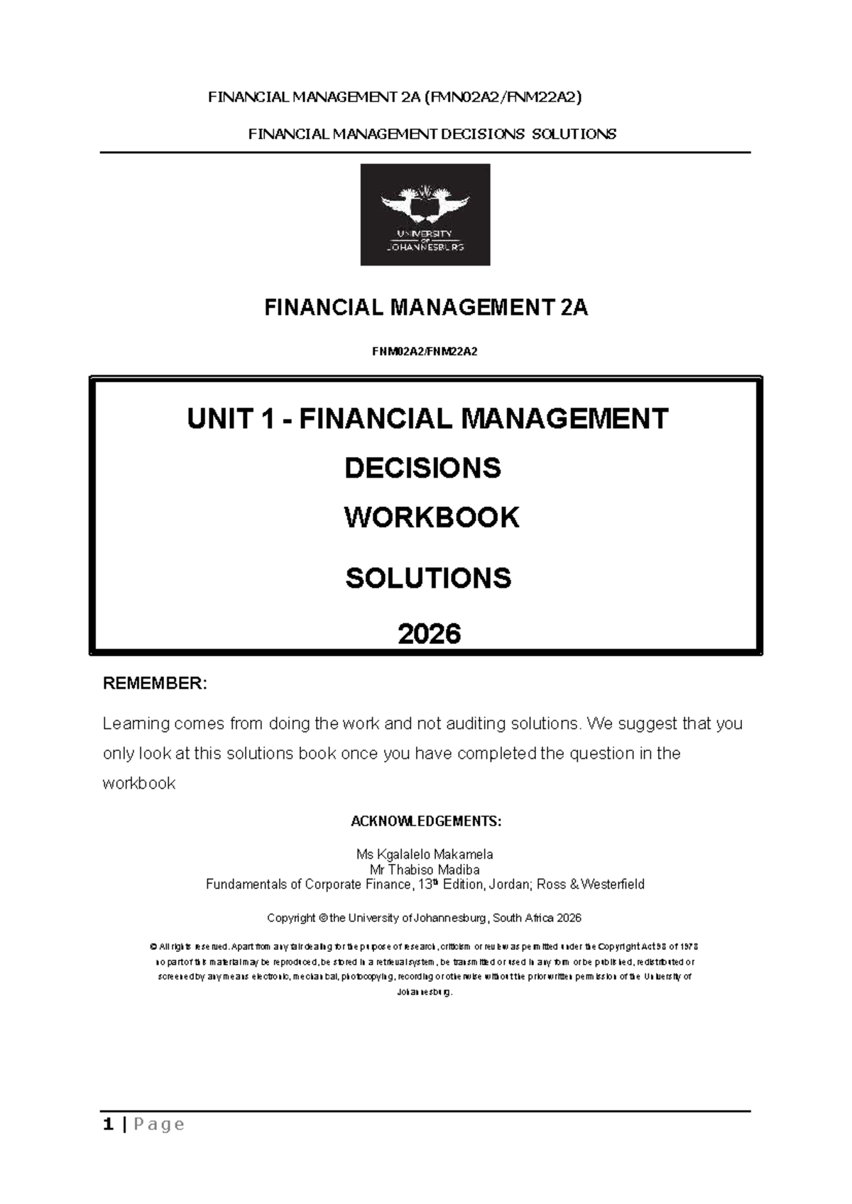 FINANCIAL MANAGEMENT 2A UNIT 1 DECISIONS WORKBOOK SOLUTIONS 2026 - Studocu