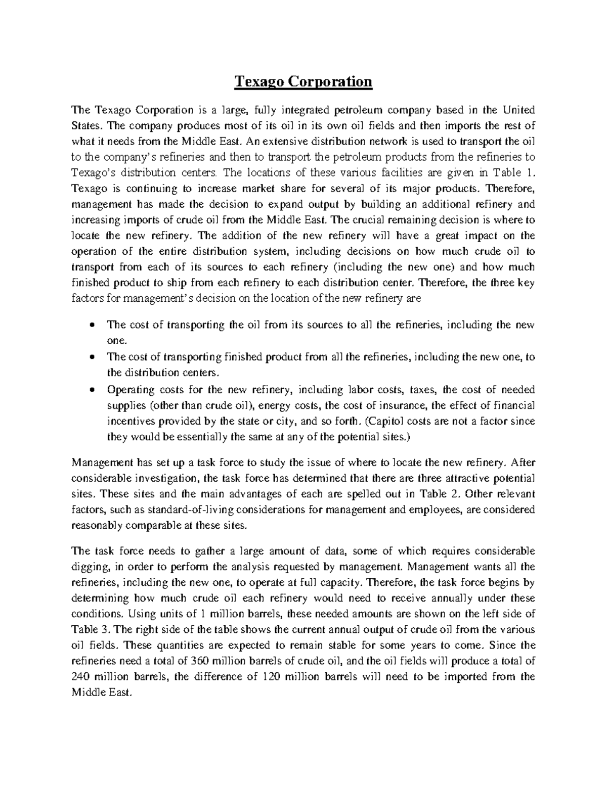 3.Texago Corporation - New Refinery Location Decision Case Study - Studocu