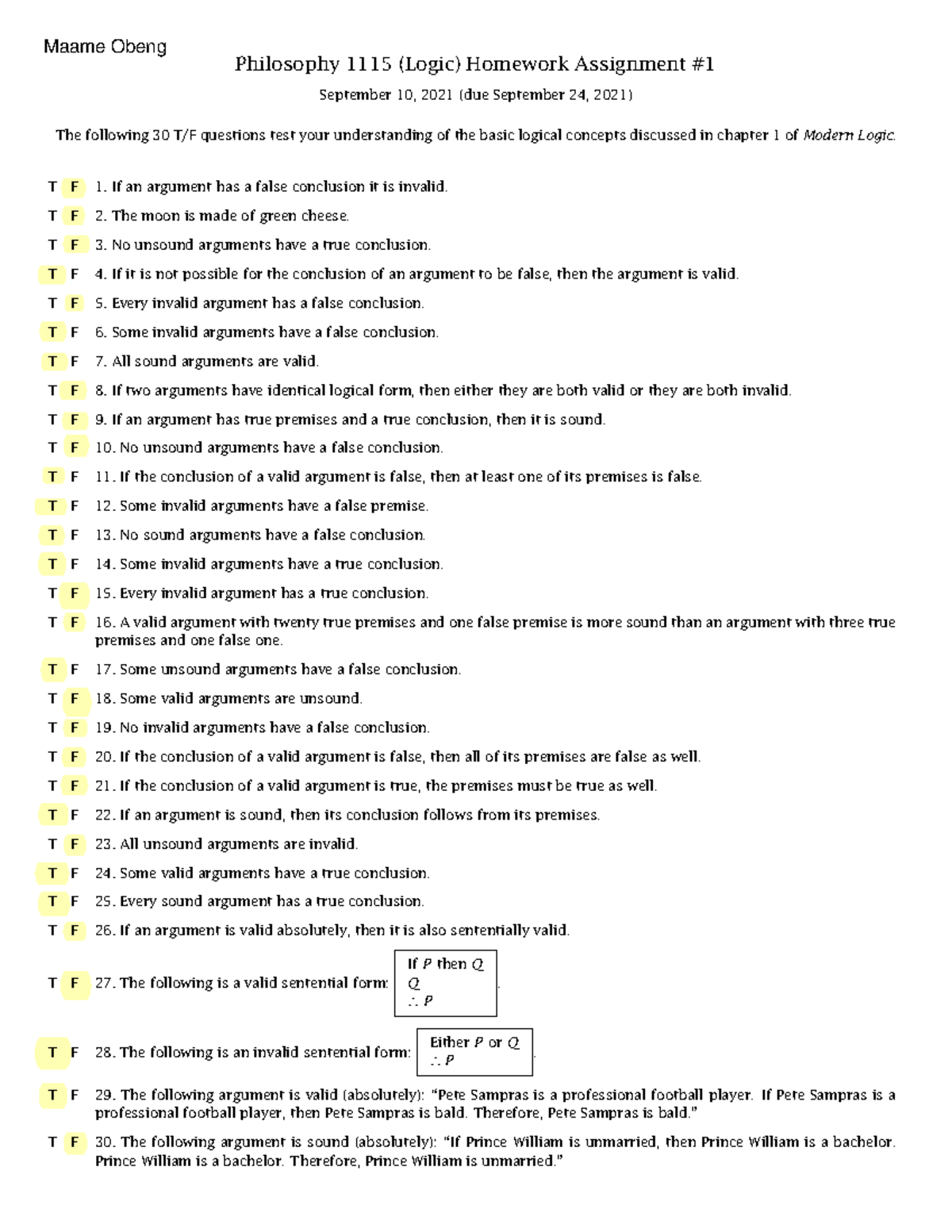 Philosophy 1115: Logic Homework #3 - True/False Questions - Studocu