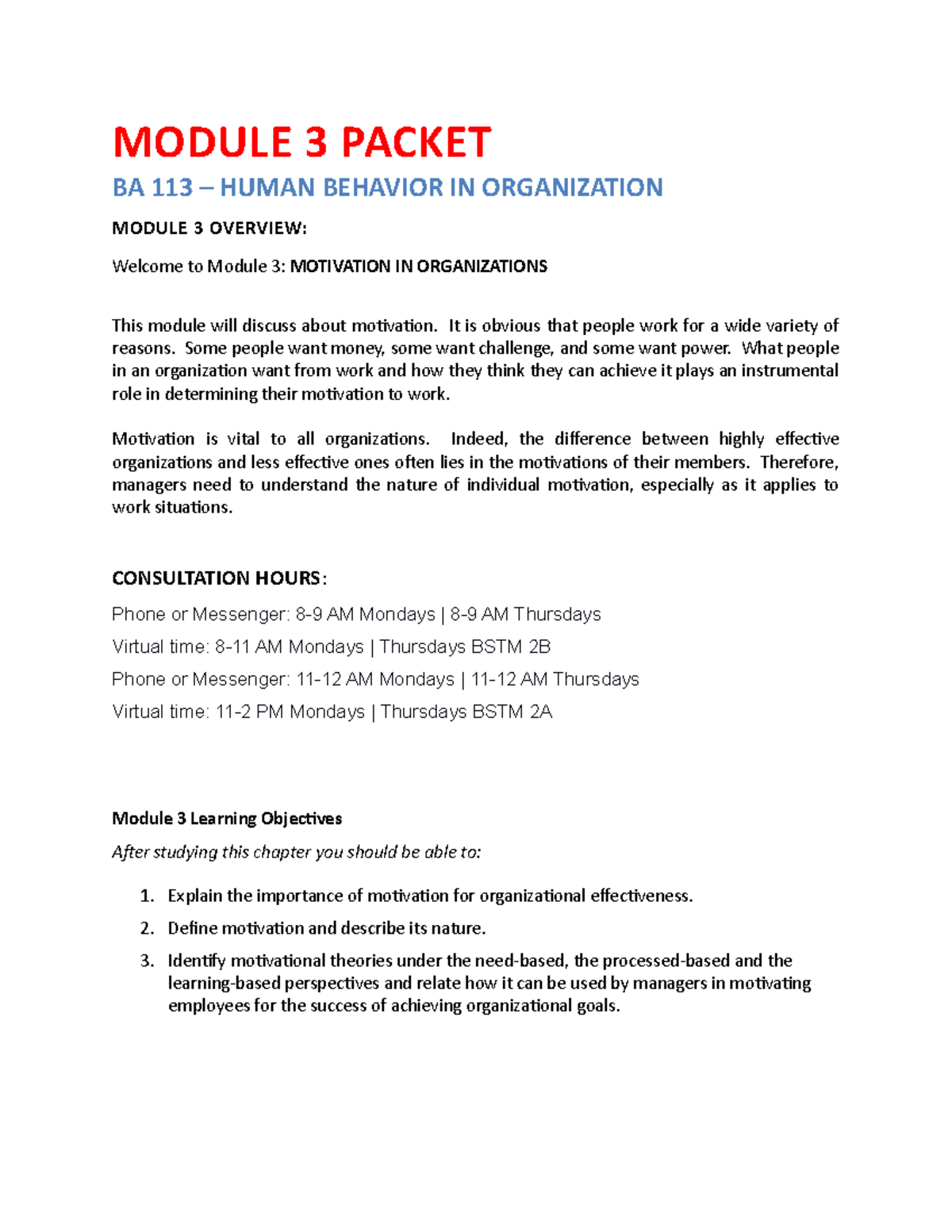 BA 113 Module 3: Motivation in Organizations Overview and Guide - Studocu