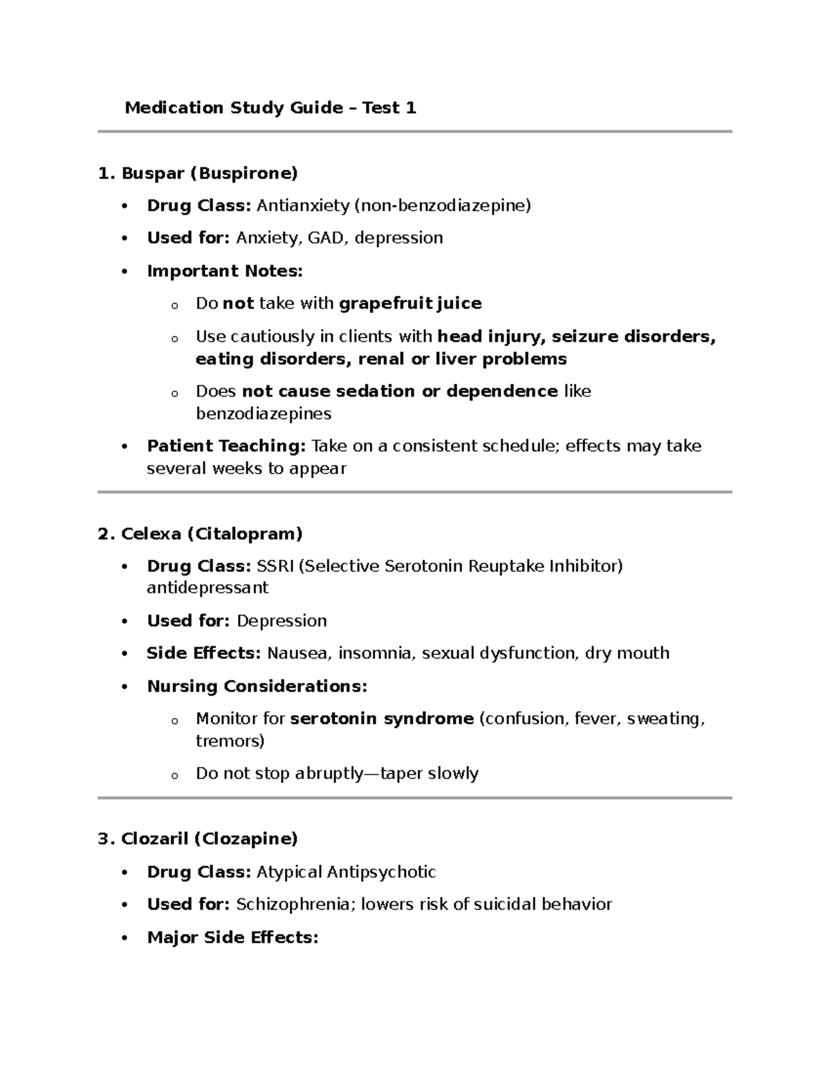 Medication Study Guide: Antidepressants & Antipsychotics (Test 1) - Studocu