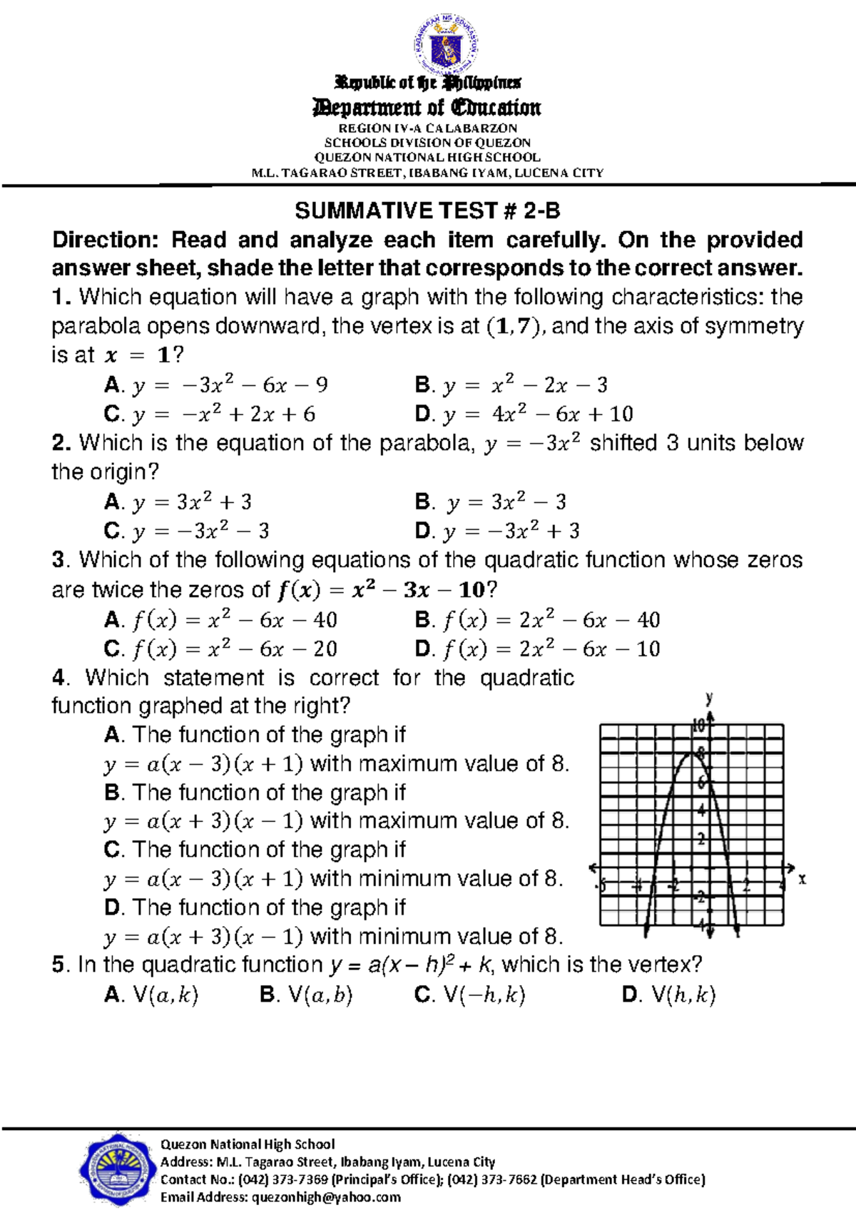 Summative Test #2-B: Quadratic Functions Analysis - Studocu