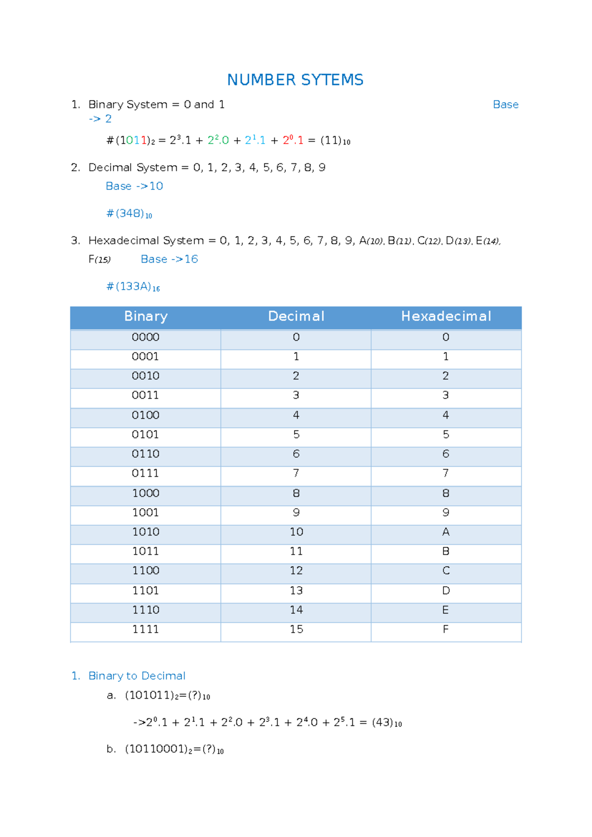 Introduction to Computer Engineering - NUMBER SYTEMS Binary System = 0 ...