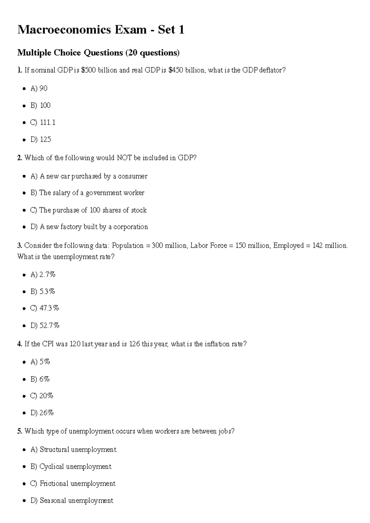 Macroeconomics Exam Set 1: Multiple Choice & Short Answer Questions ...