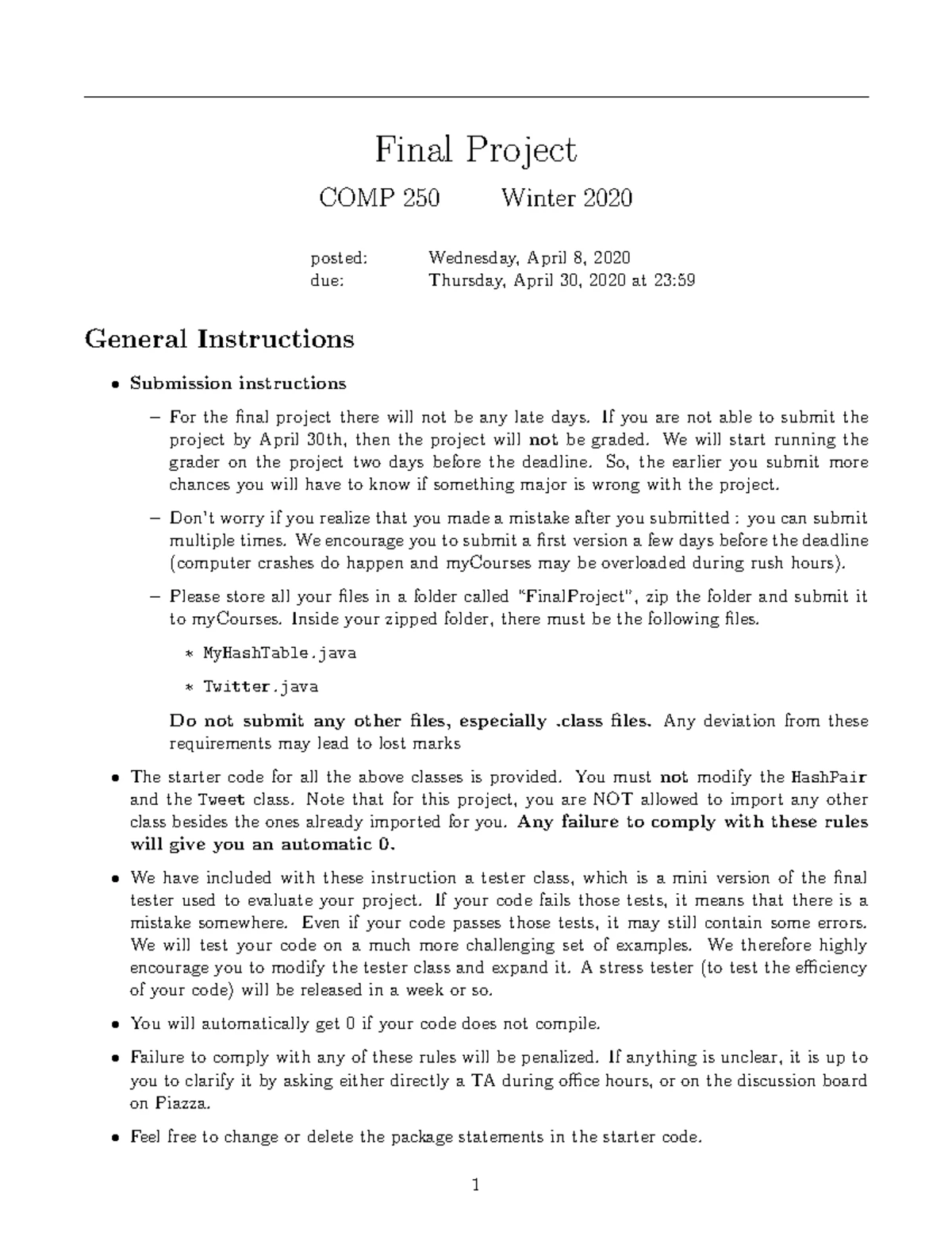 COMP250 Fall2024 Final Project Guidelines and Instructions - Studocu