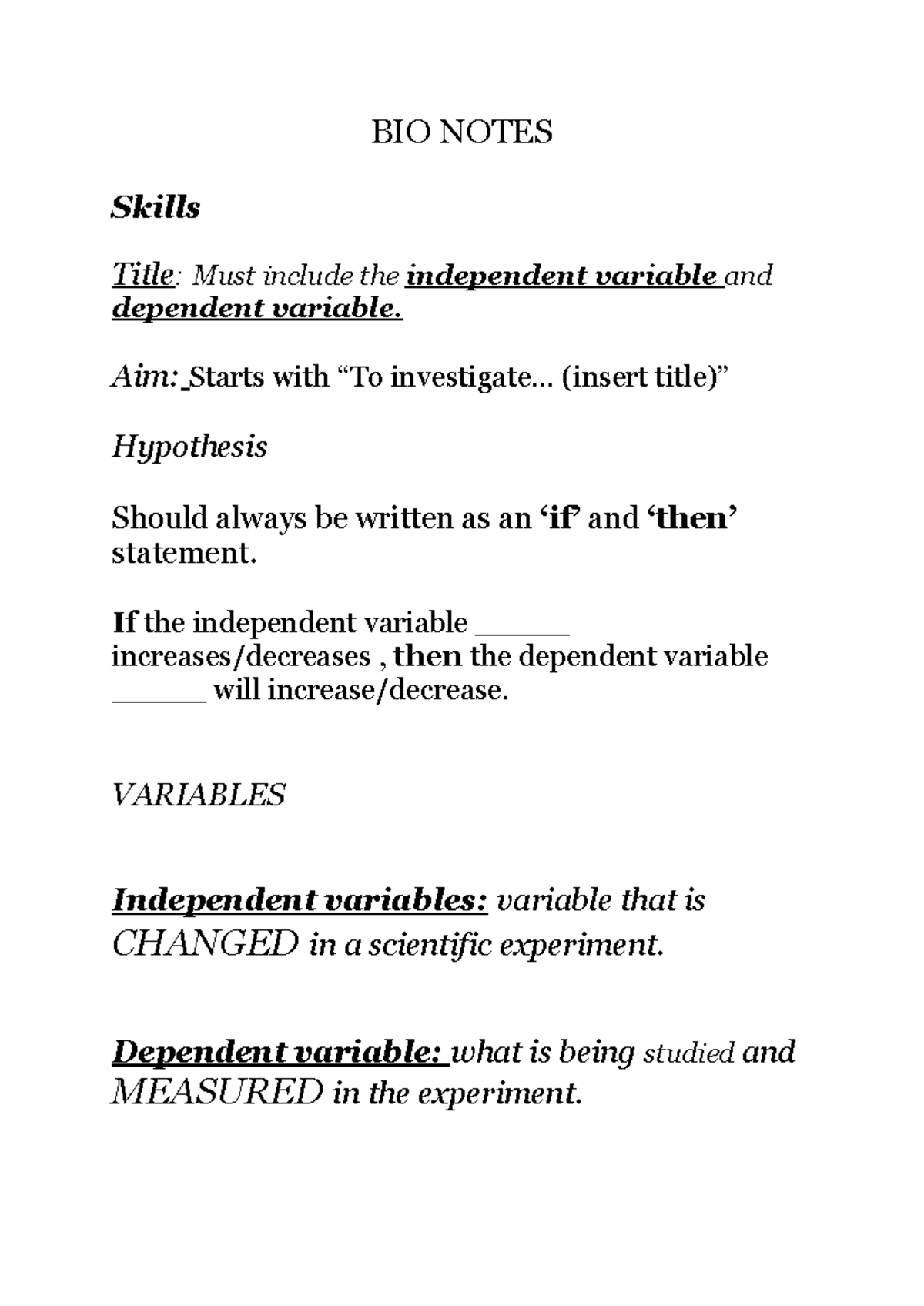 BIO 101: Understanding Variables in Scientific Experiments - Studocu