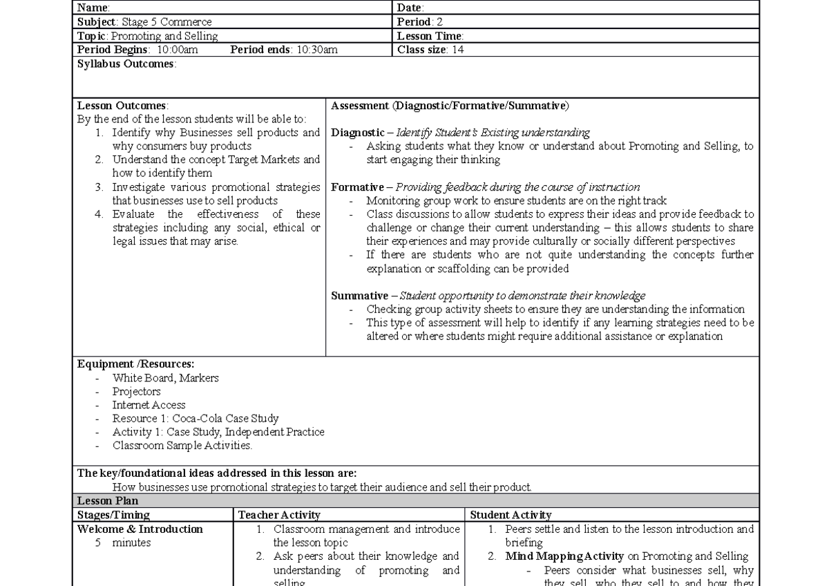 Stage 5 Commerce: Promoting and Selling Lesson Plan Overview - Studocu