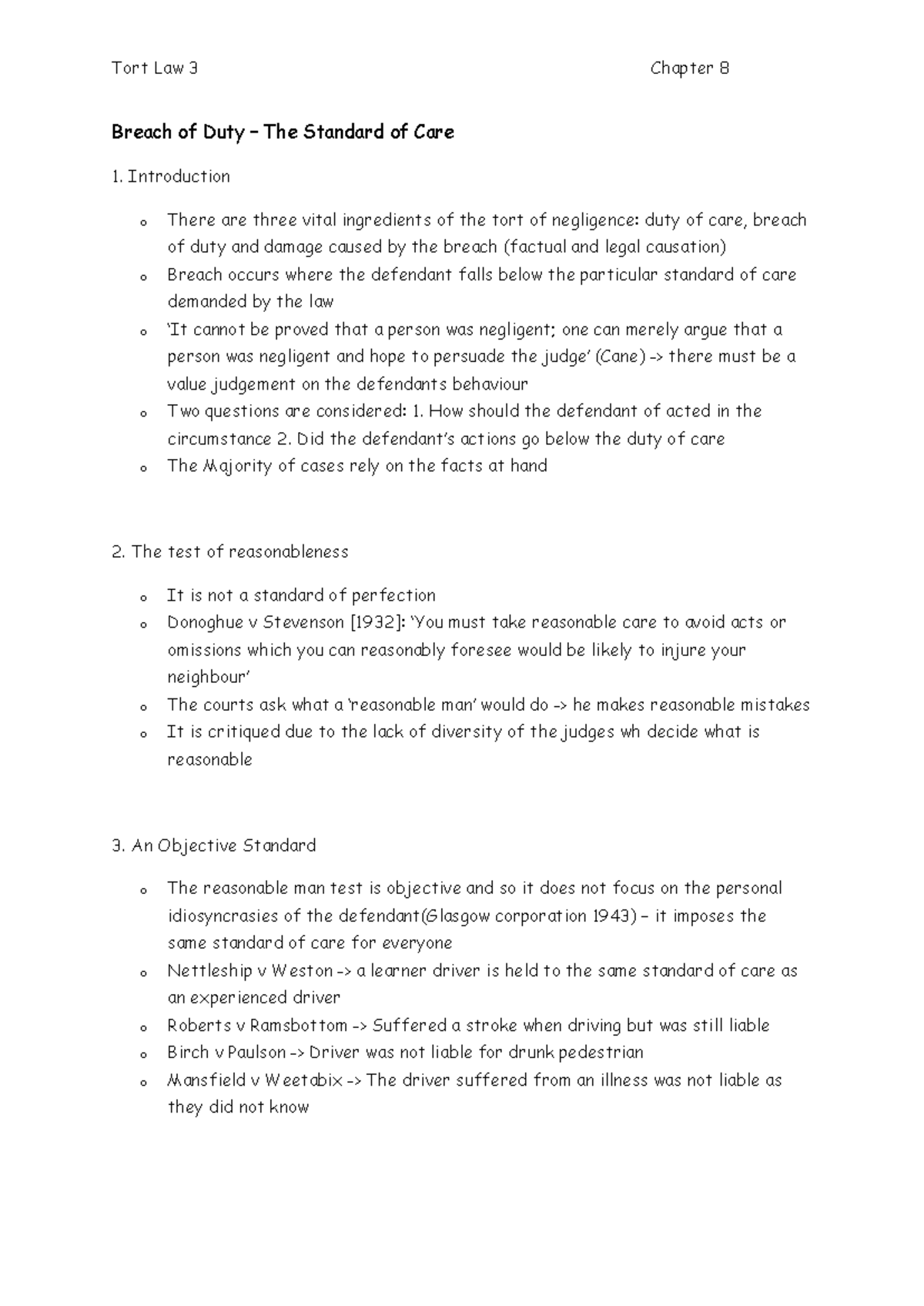 Tort Law Notes - Lecture 3: Breach of Duty & Standard of Care - Studocu