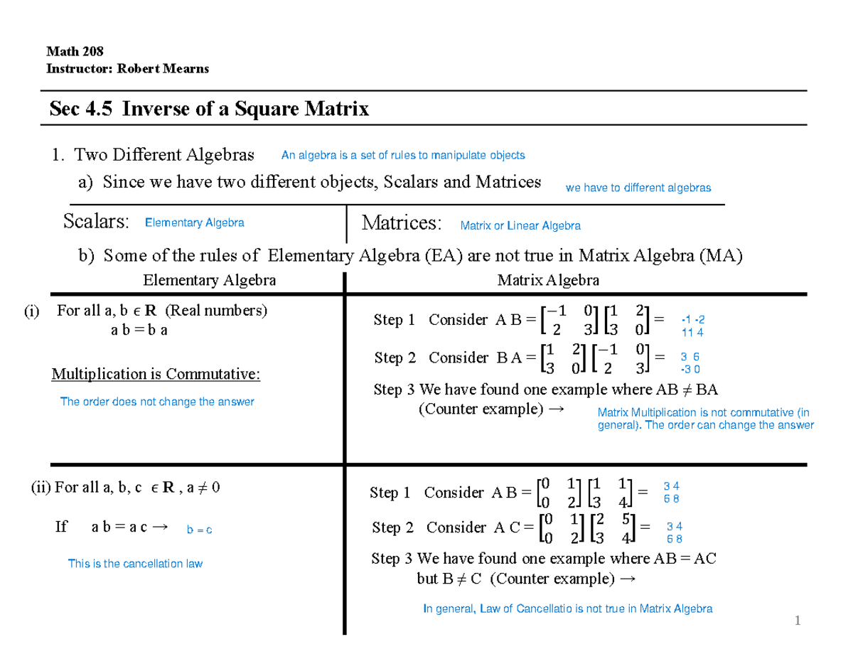 Note Outline Sec 4 - Inverse of square matrices, focuses on matrix ...
